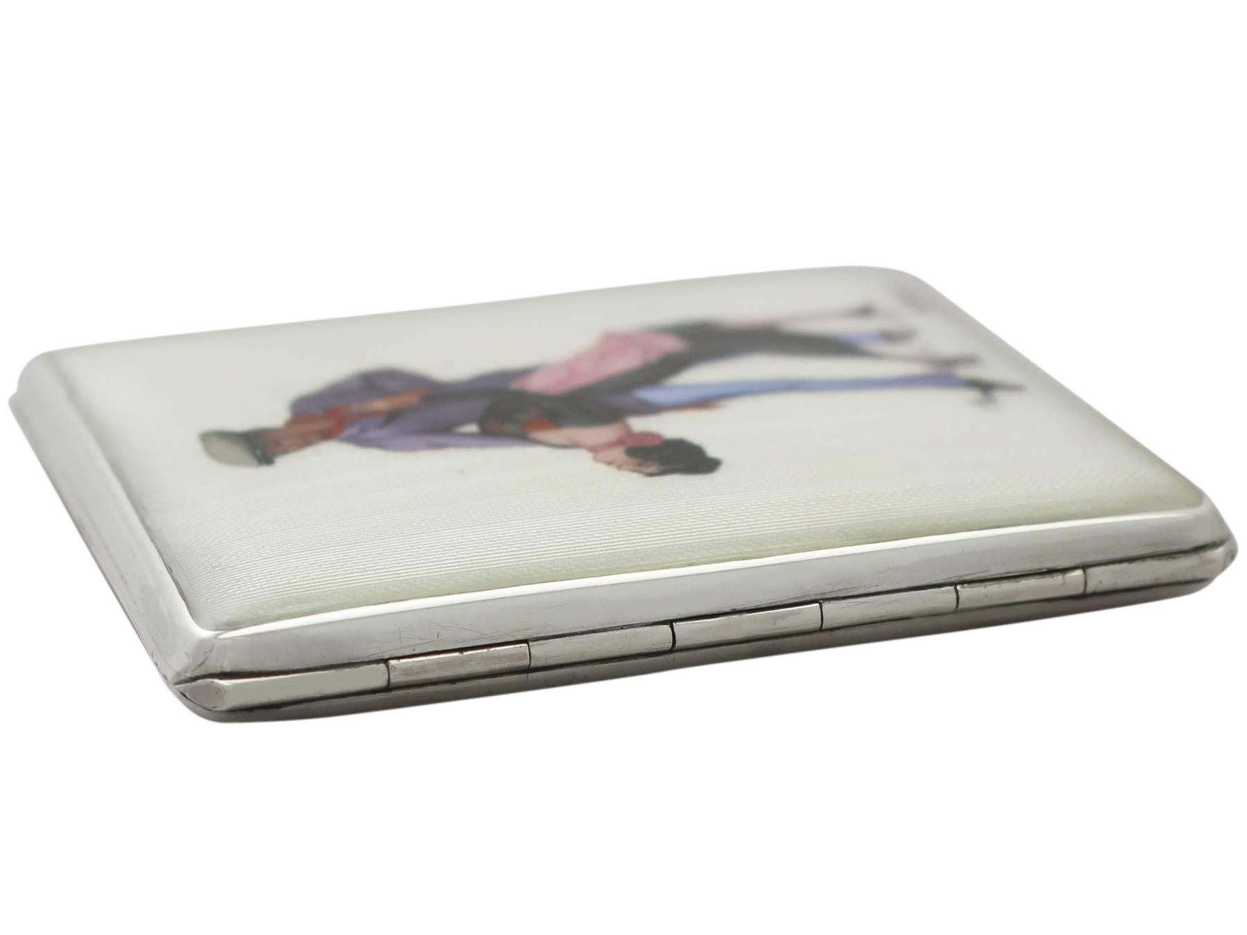 A fine antique Austrian silver and enamel cigarette / card case; part of our continental silverware collection

This fine antique Austrian silver and enamel cigarette case has a rectangular plain shaped form.

The anterior cover is embellished