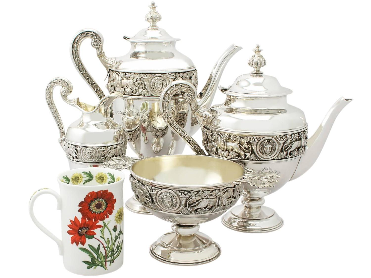 Sterling Silver Four Piece Tea and Coffee Service, Antique Victorian at