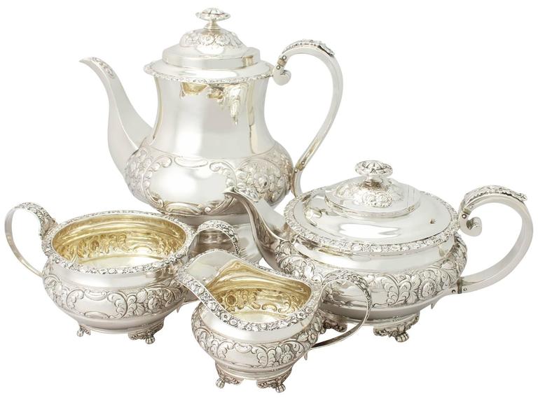 Sterling Silver Four Piece Tea And Coffee Service Regency Style A Very Fine And Impressive Regency Style Antique George Iv English Sterling Silver Four Piece Tea