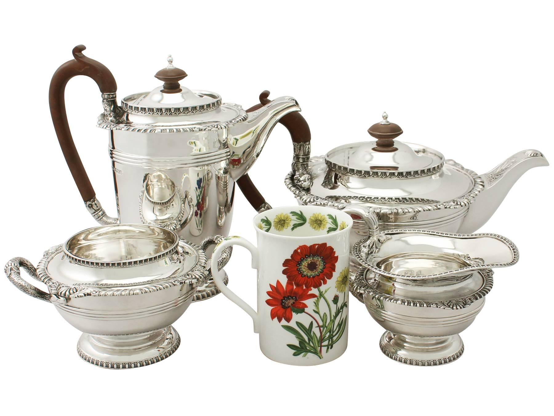 An exceptional, fine and impressive antique George V English sterling silver four piece tea and coffee service made in the style of Paul Storr; an addition to our teaware collection.

This exceptional antique George V sterling silver tea and