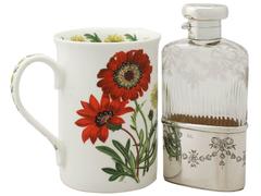 Säuregeätzter Flachmann aus geschliffenem Glas und Sterlingsilber:: antik George V