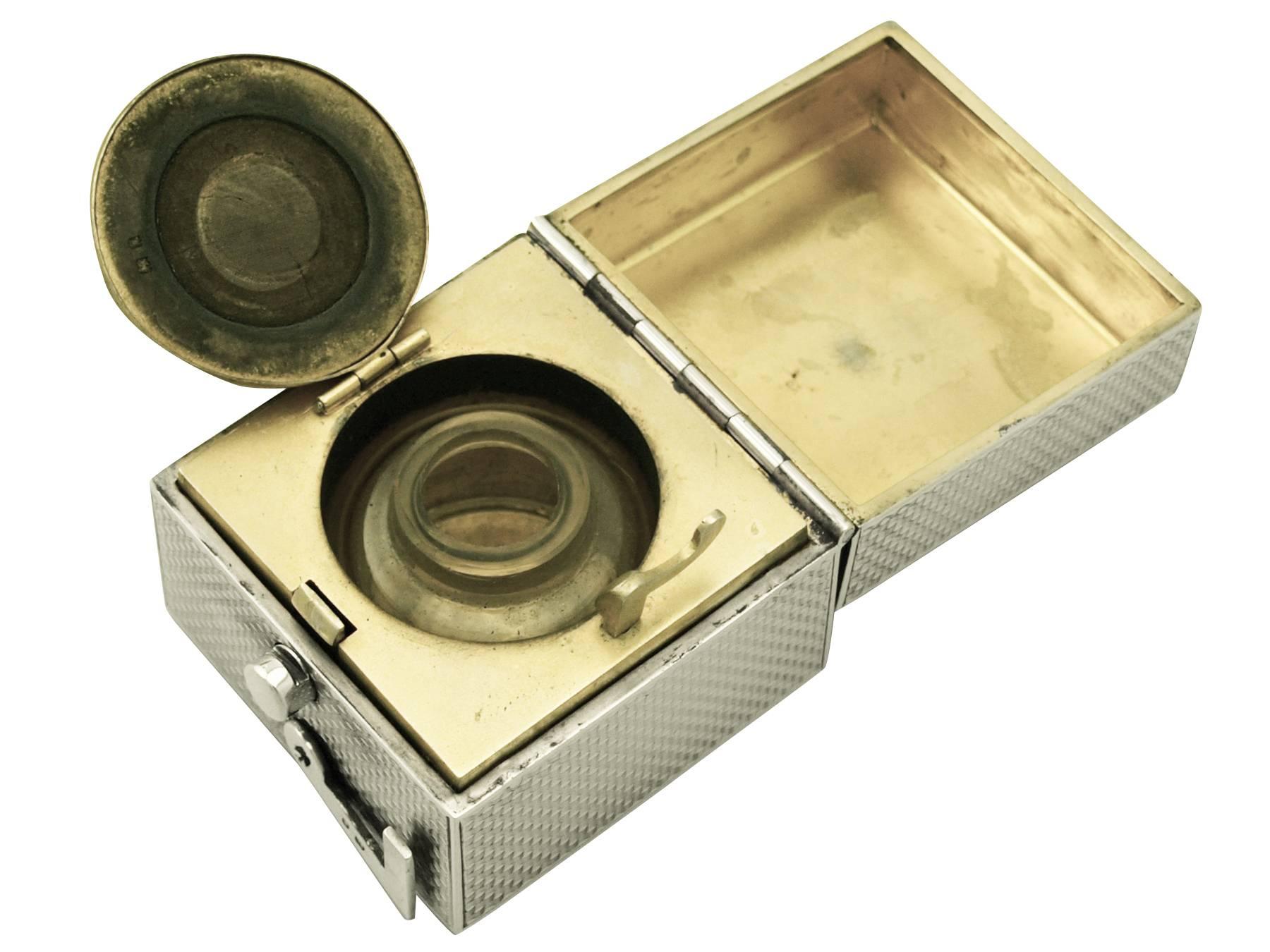 English Sterling Silver Travelling Inkwell, Antique George V
