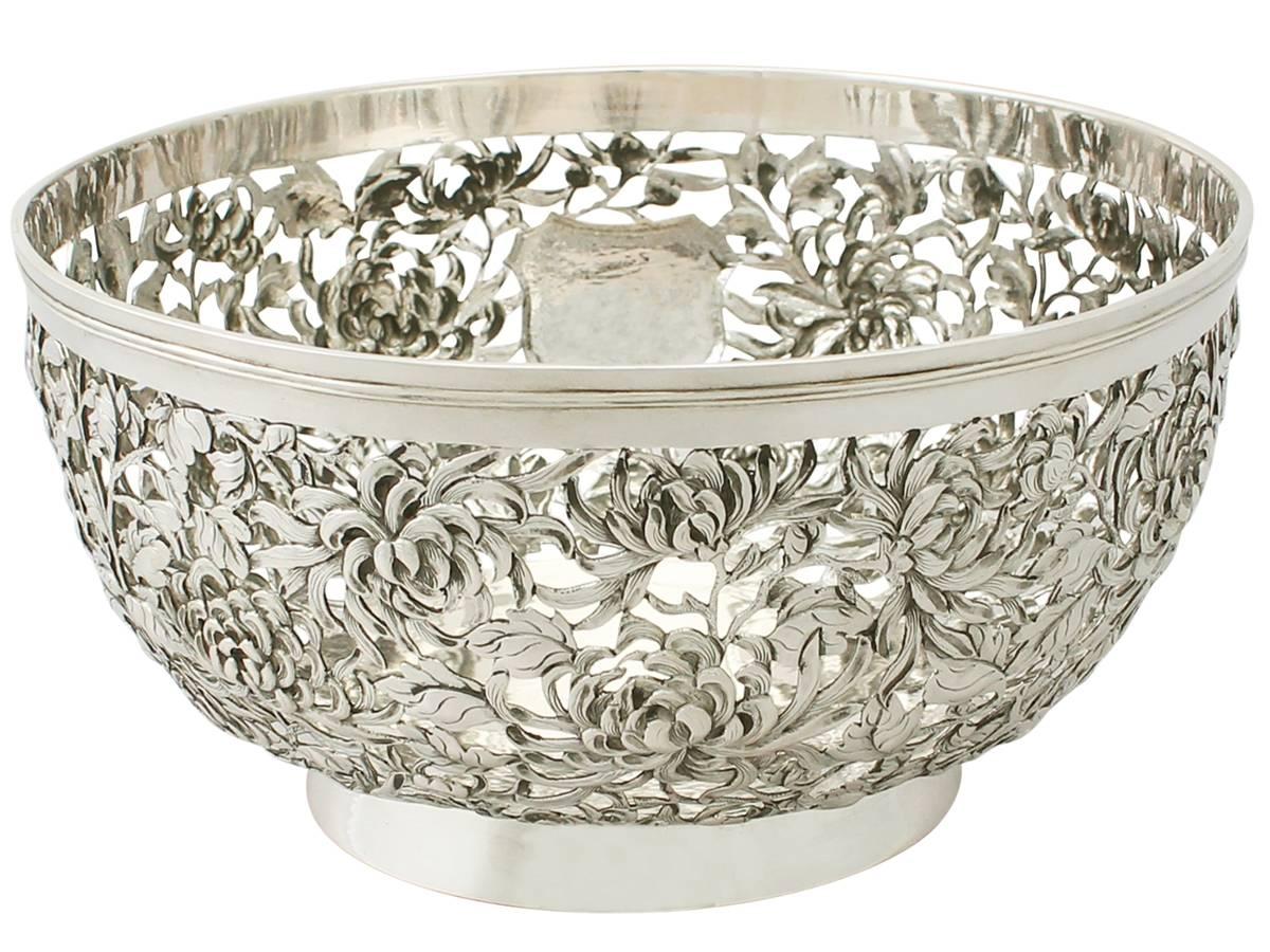 A fine and impressive antique Chinese Export Silver bowl; an addition to our oriental ornamental silverware collection

This fine antique Chinese Export Silver (CES) bowl has a plain circular rounded form onto a plain collet foot.

The body of