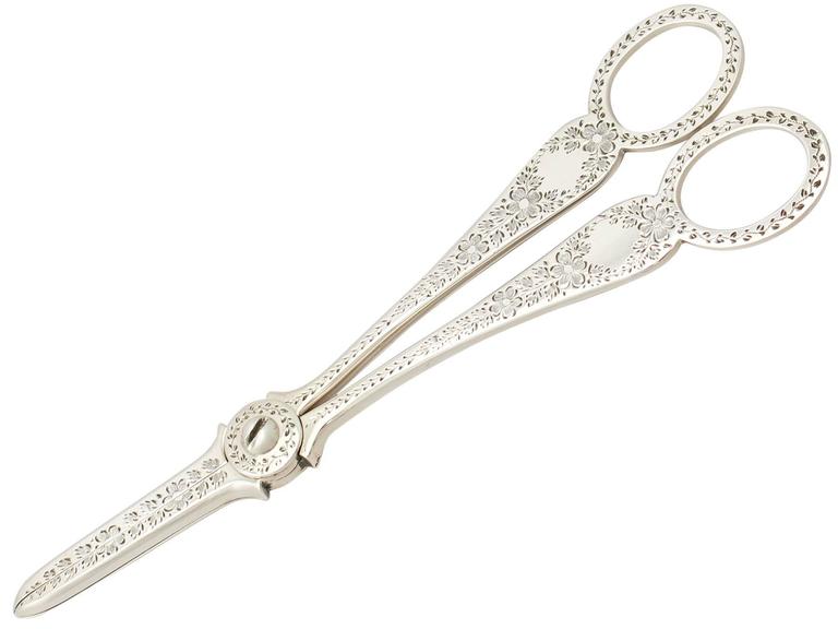 A fine and impressive pair of antique Victorian English sterling silver grape shears - boxed; an addition to our silver flatware collection

This fine pair of antique Victorian sterling silver grape shears has a hinged scissor action.

The