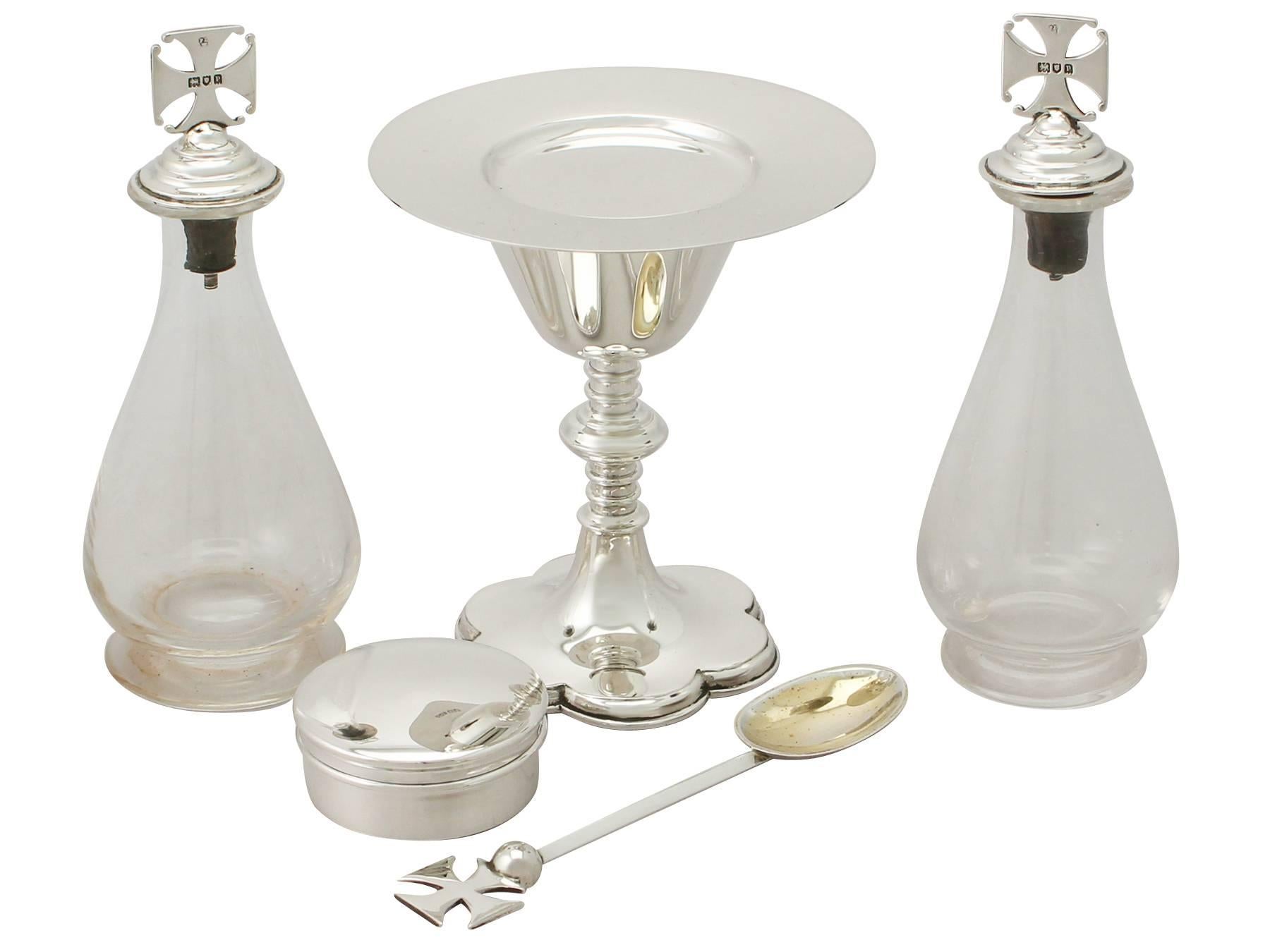 English Sterling Silver and Glass Communion Set by Reid & Sons, Antique George V