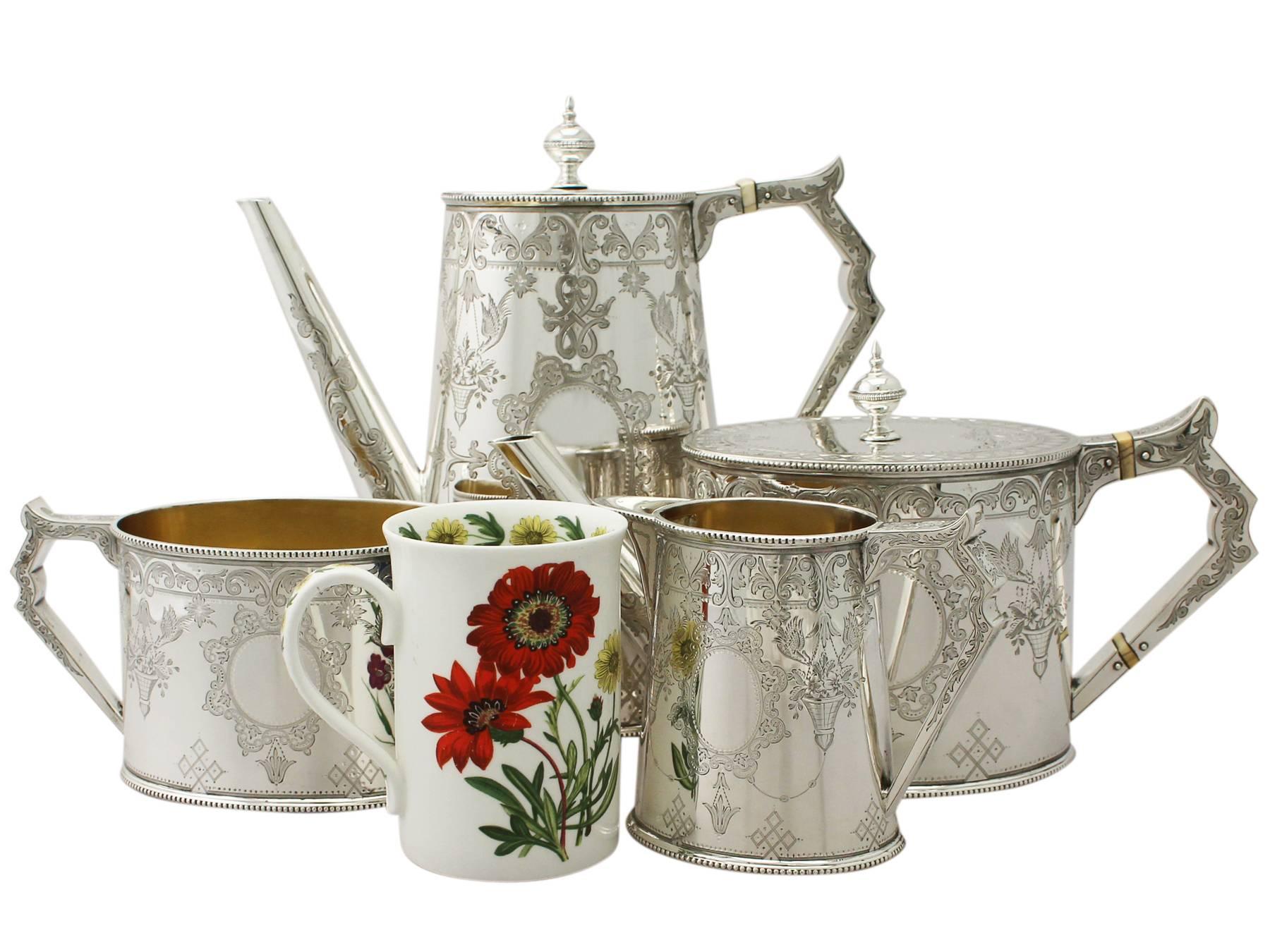 An exceptional, fine and impressive antique Victorian English sterling silver four piece tea and coffee set/service; an addition to our silver teaware collection.

This exceptional antique Victorian sterling silver four piece tea and coffee