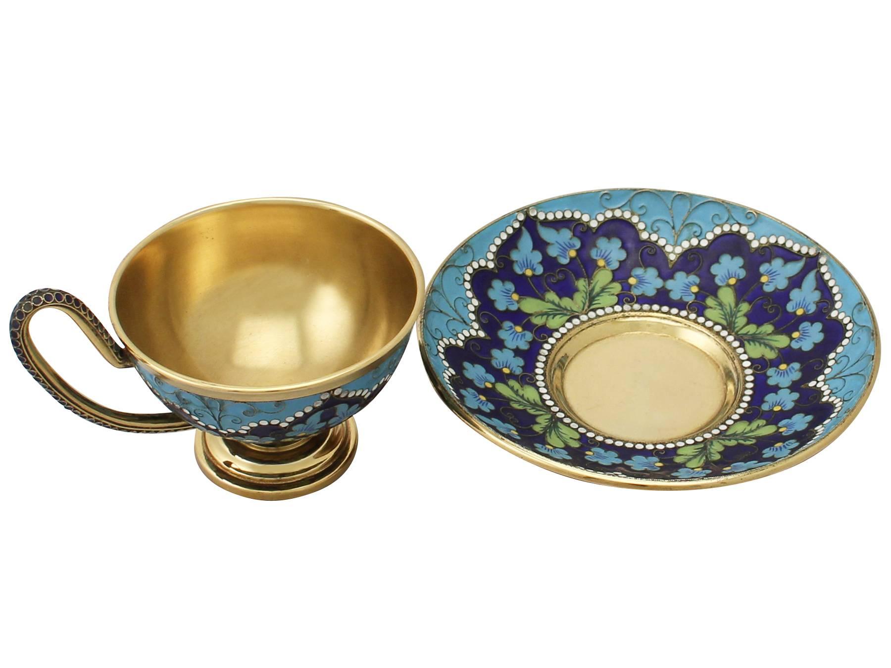 Late 20th Century Russian Silver Gilt and Polychrome Cloisonné Enamel Cup and Saucer