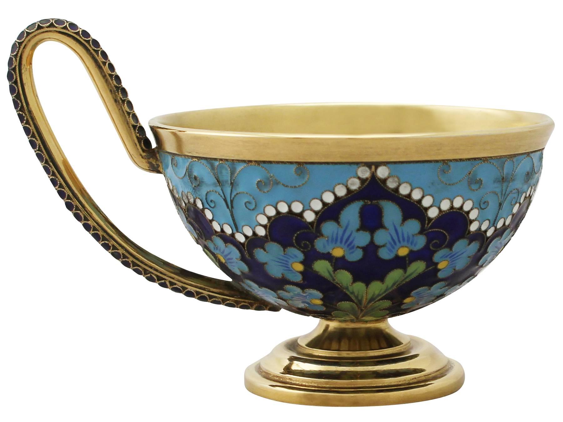 Russian Silver Gilt and Polychrome Cloisonné Enamel Cup and Saucer 3
