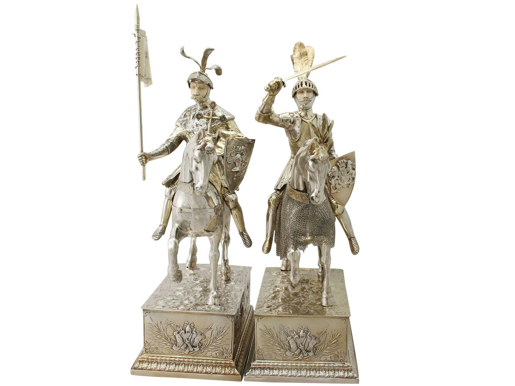 A magnificent, fine and impressive pair of large antique German 800 standard silver table ornaments modelled in the form of knights on horseback; an addition to our diverse ornamental silverware collection

This magnificent pair of antique German