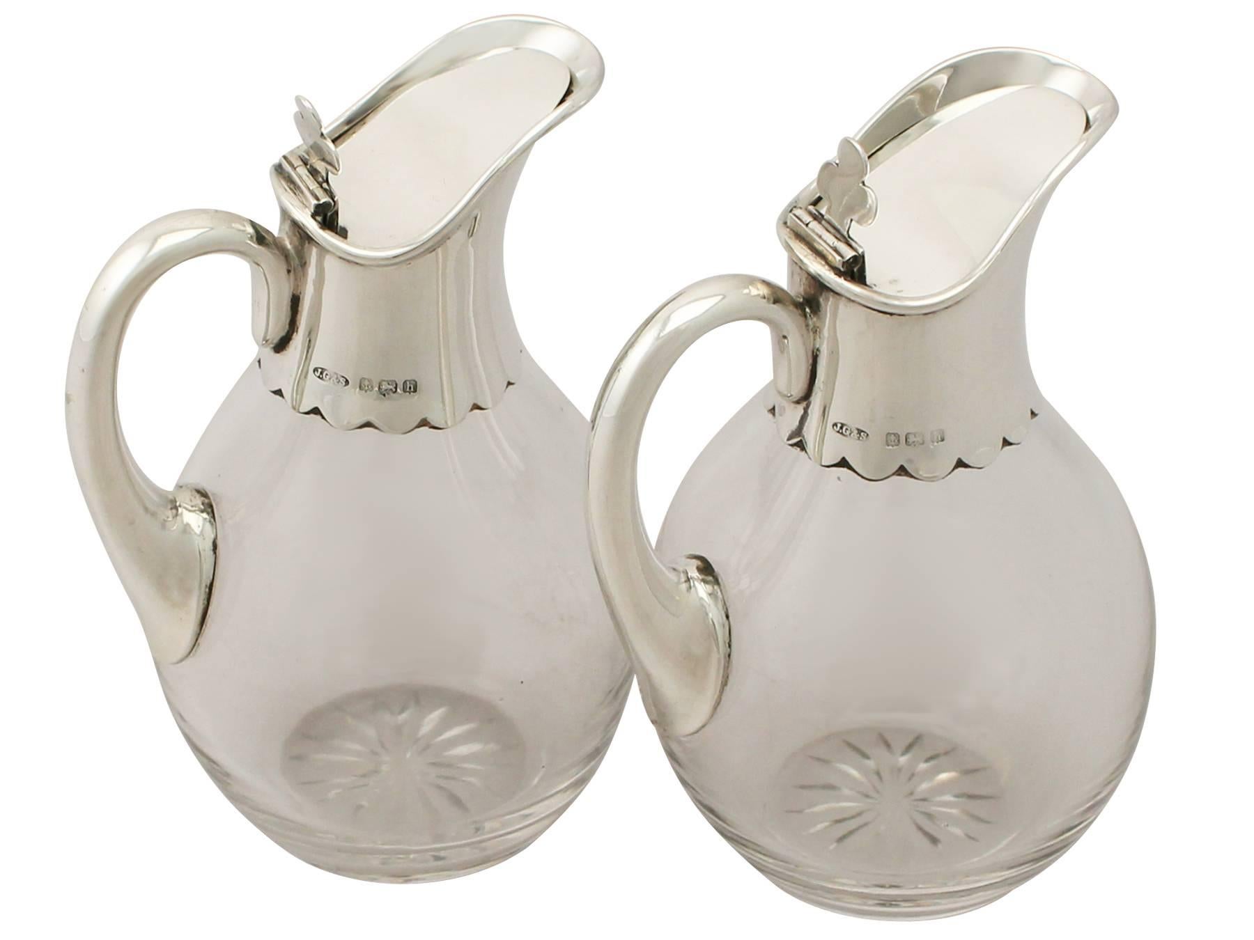 English Glass and Sterling Silver Mounted Whiskey Jugs, Antique Edwardian
