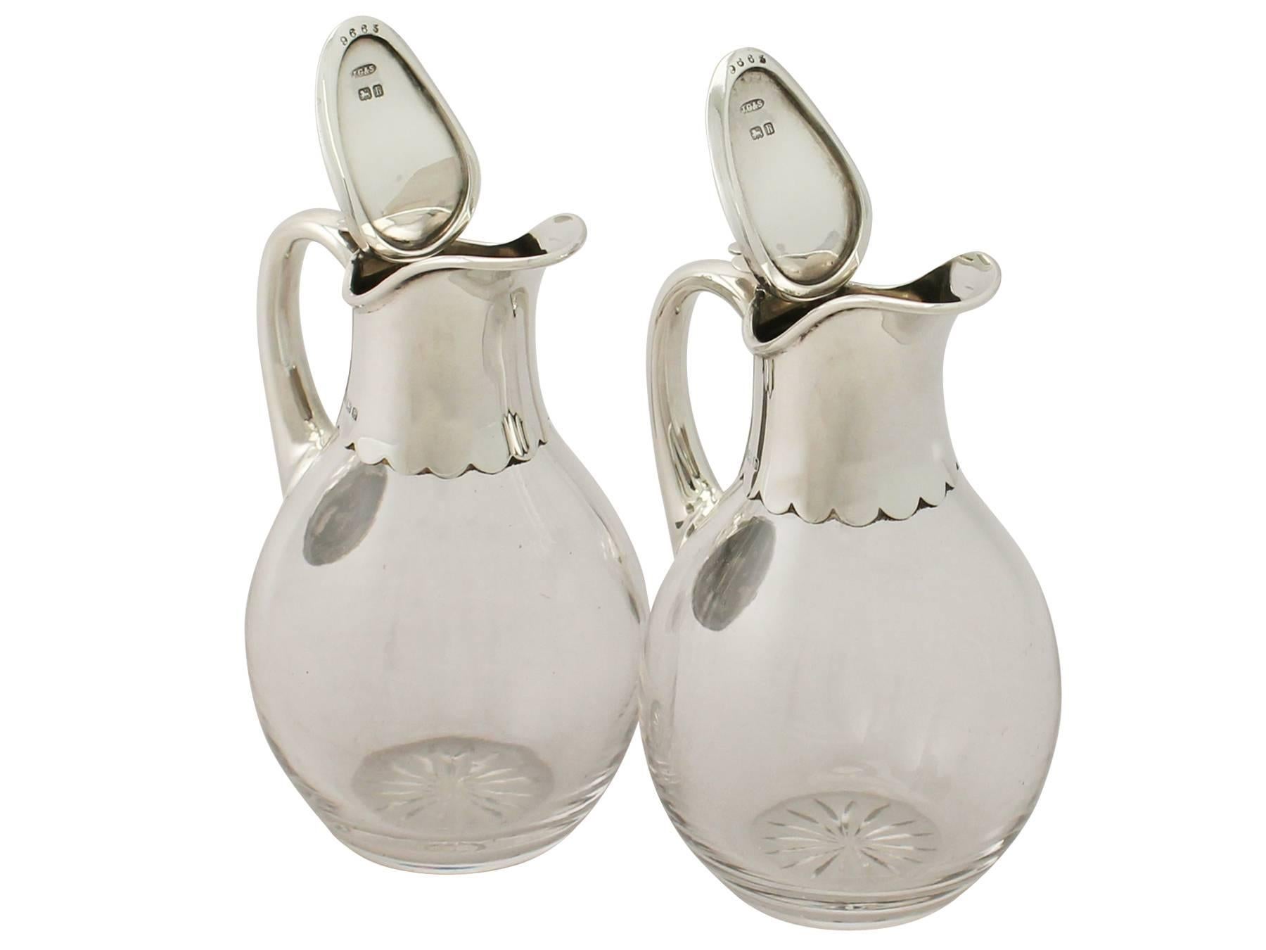 Early 20th Century Glass and Sterling Silver Mounted Whiskey Jugs, Antique Edwardian