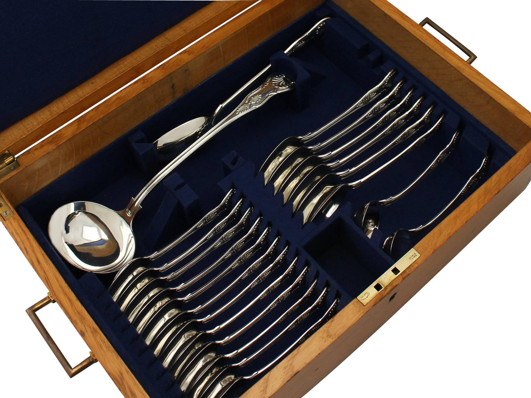 A magnificent, fine and impressive, comprehensive antique Victorian English sterling silver straight King's pattern flatware service for 12 persons - boxed; an addition to our canteen of cutlery collection.

The pieces of this magnificent and