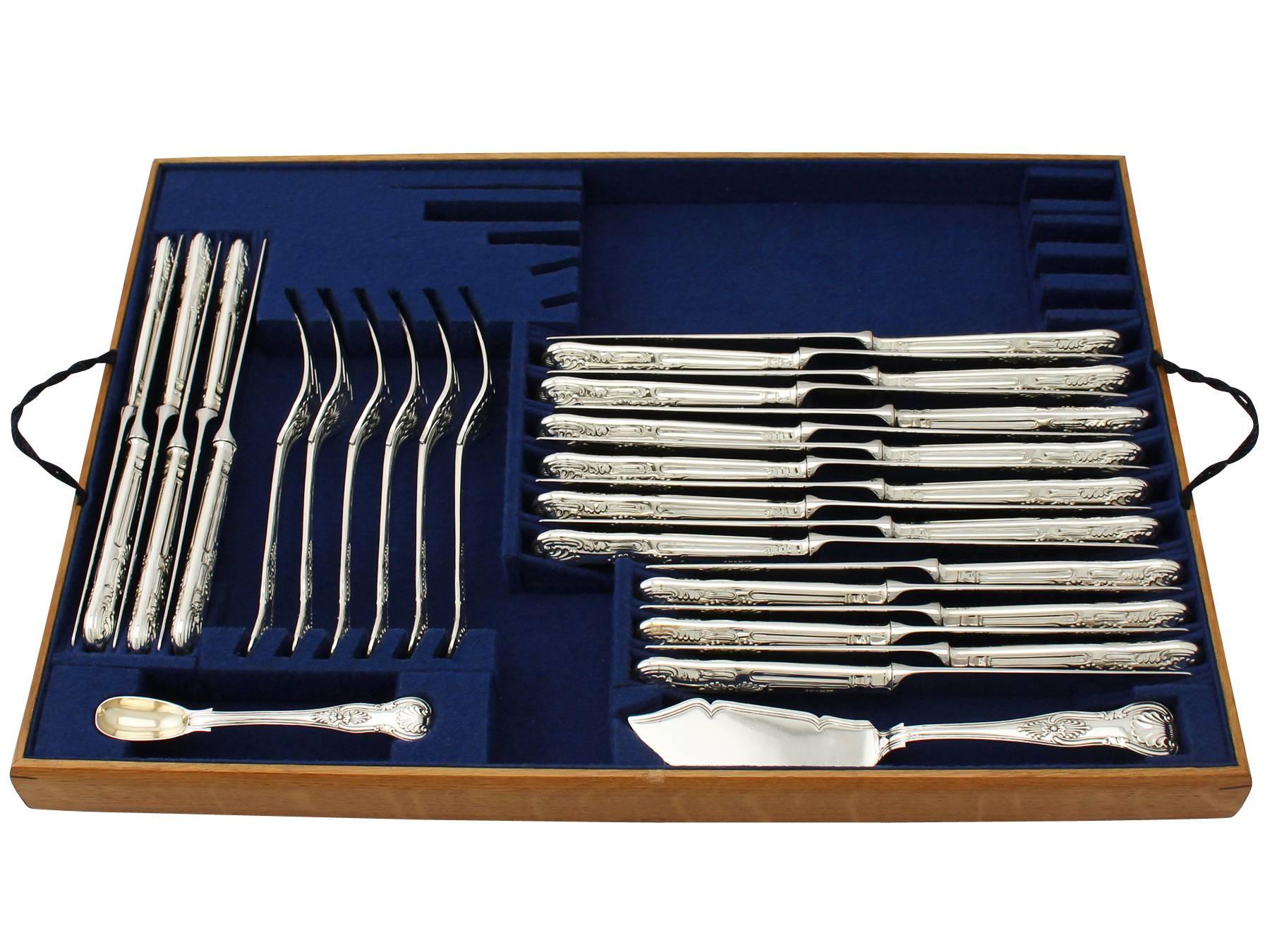 English Sterling Silver Canteen of Cutlery for 12 Persons, Antique Victorian