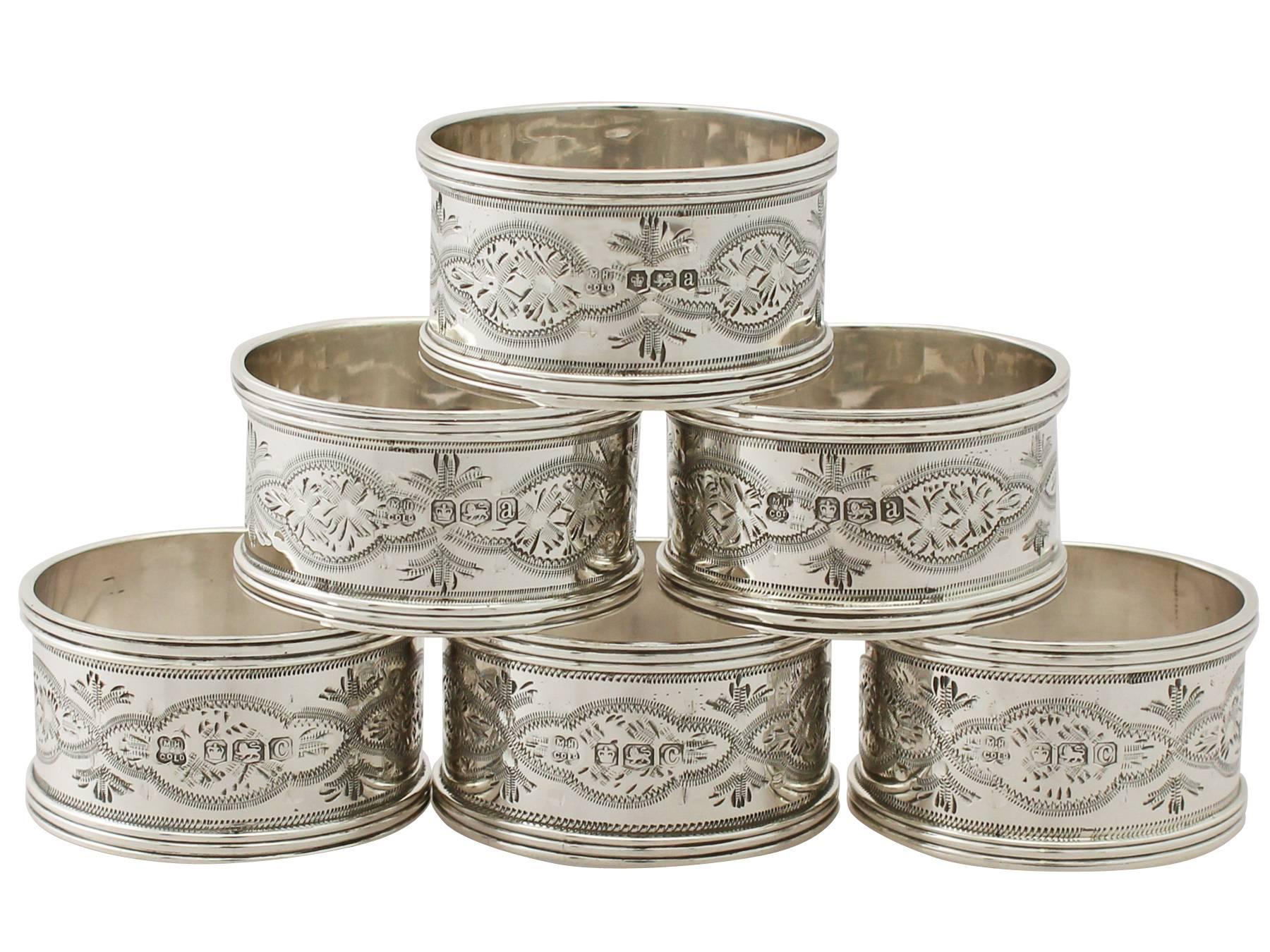 English Sterling Silver Napkin Rings Set of Six, Antique George V