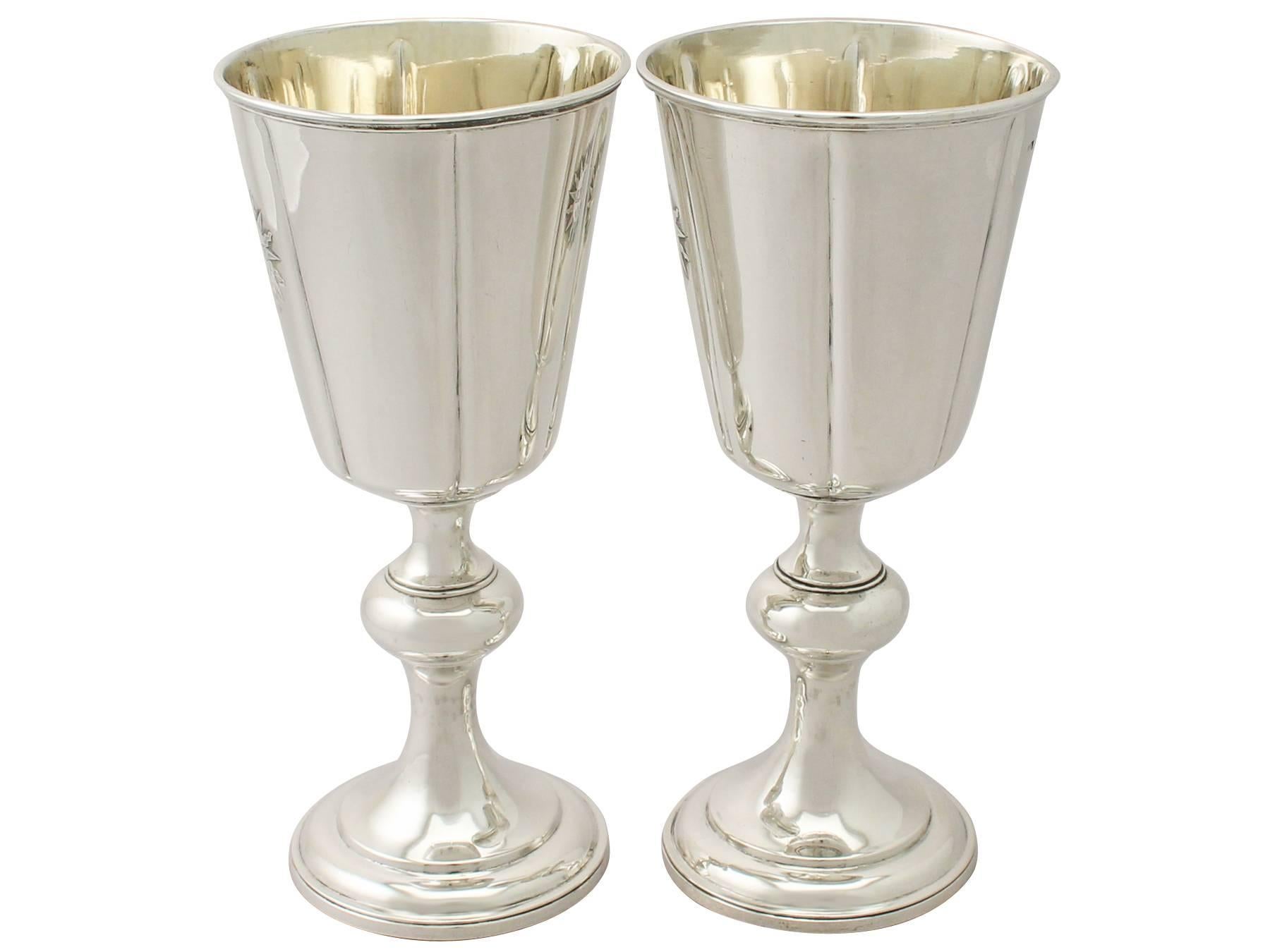 An exceptional, fine and impressive pair of antique Victorian English sterling silver chalices, an addition to our religious silverware collection

These exceptional antique Victorian English sterling silver chalices have a circular tapering bell