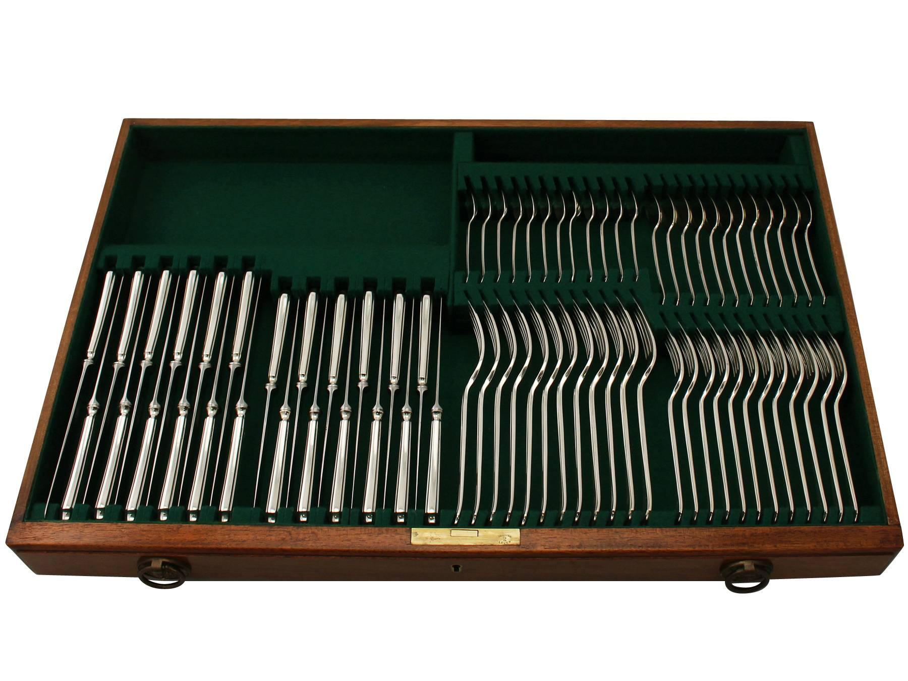 A magnificent, fine and impressive, comprehensive antique George V English sterling silver straight Pembury pattern flatware set / service for twelve persons made in the Art Deco style; an addition to our canteen of cutlery collection

The pieces