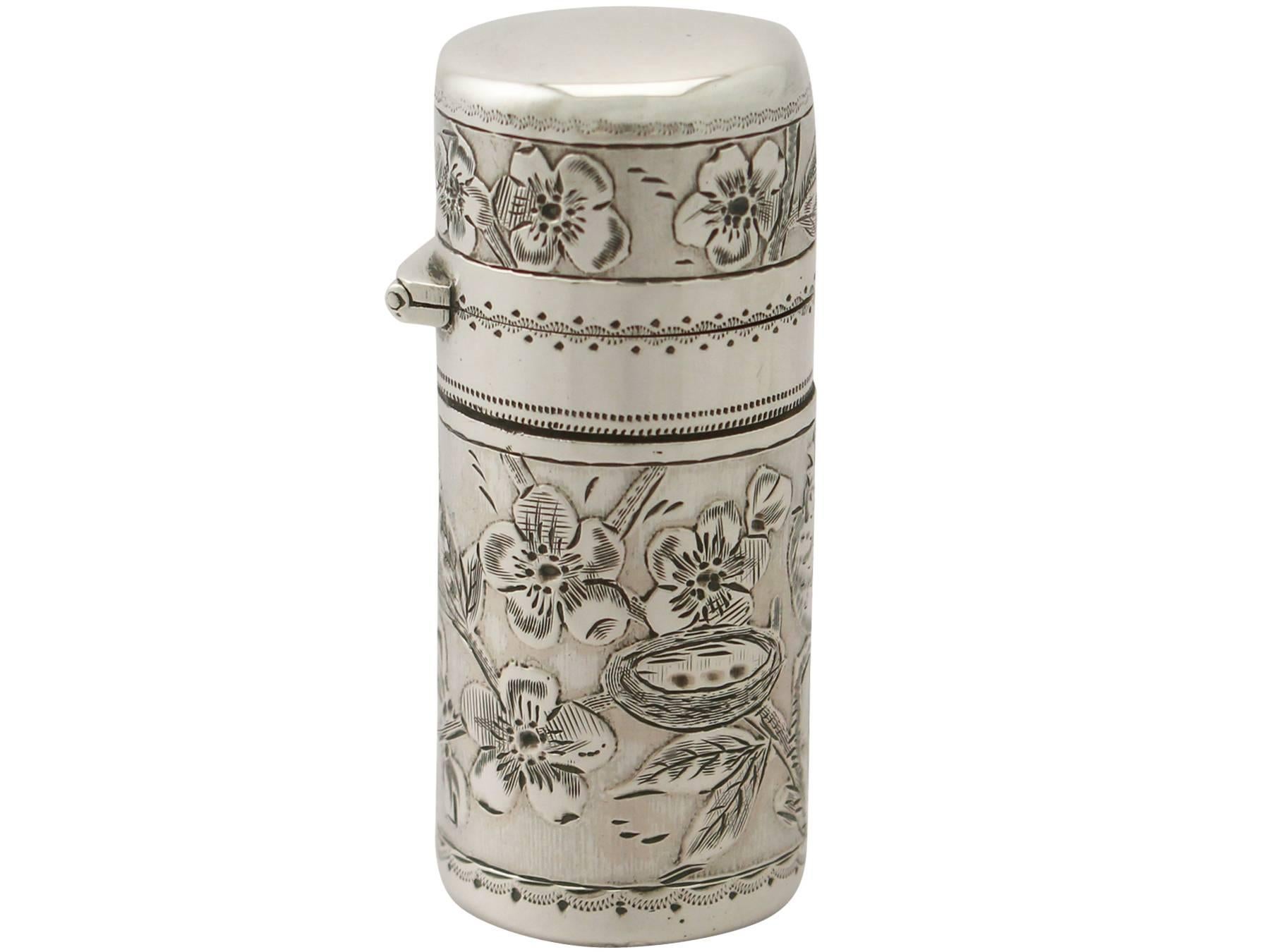 An exceptional, fine and impressive antique Victorian English sterling silver scent flask made by Sampson Mordan & Co; an addition to our ornamental silverware collection.

This exceptional antique Victorian sterling silver scent flask has a