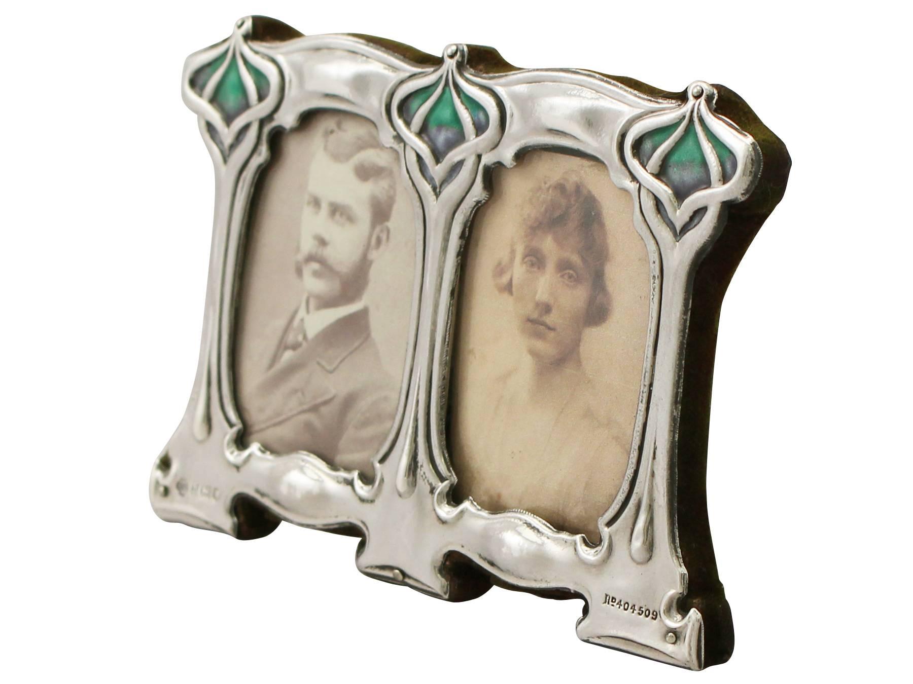 English Edwardian Art Nouveau Enamel and Sterling Silver Double Photograph Frame