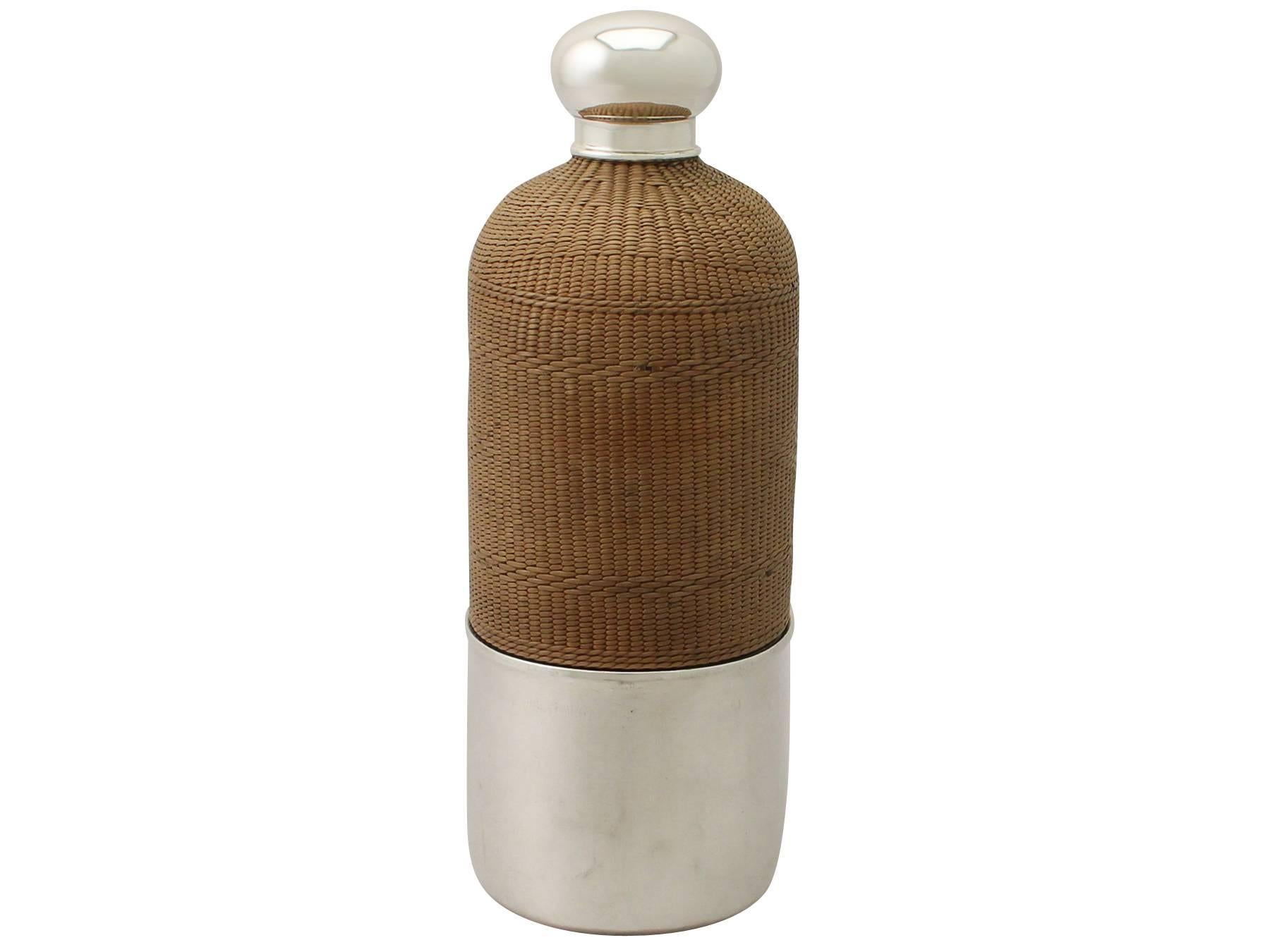 George II Newcastle Sterling Silver, Glass and Wicker Hip Flask by Isaac Cookson - Antique