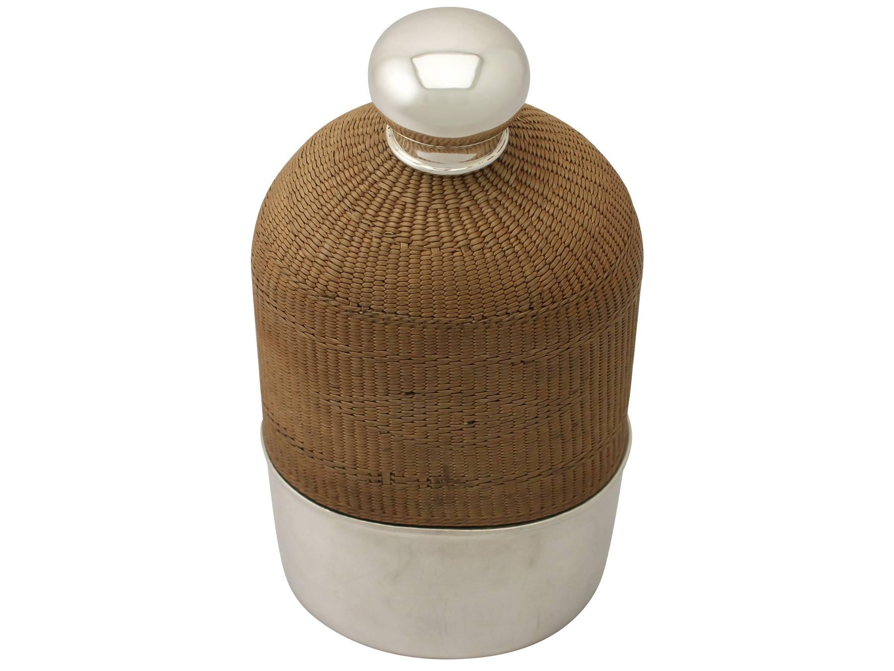 English Newcastle Sterling Silver, Glass and Wicker Hip Flask by Isaac Cookson - Antique