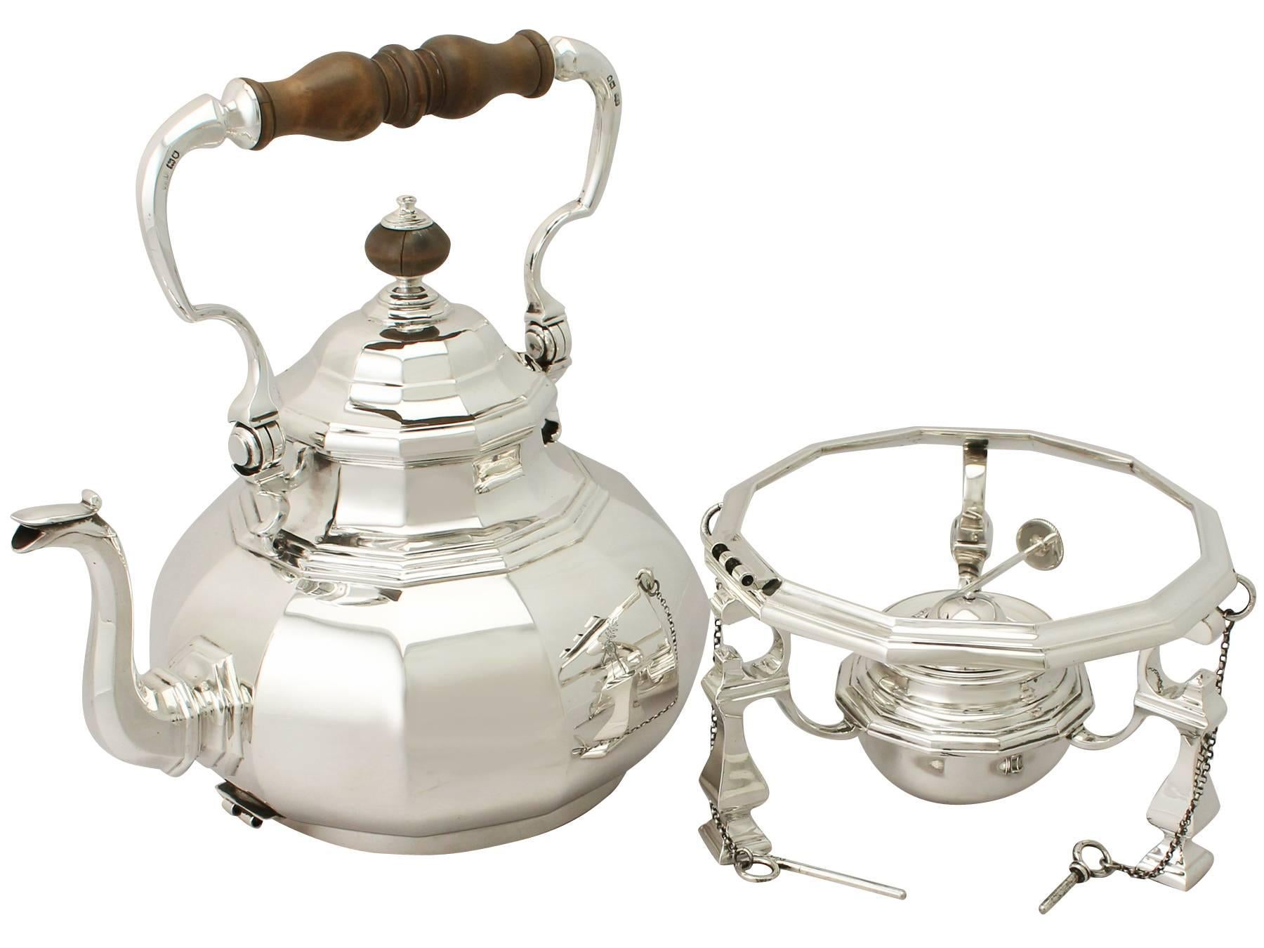 English Sterling Silver Spirit Kettle - Queen Anne Style, Antique George V