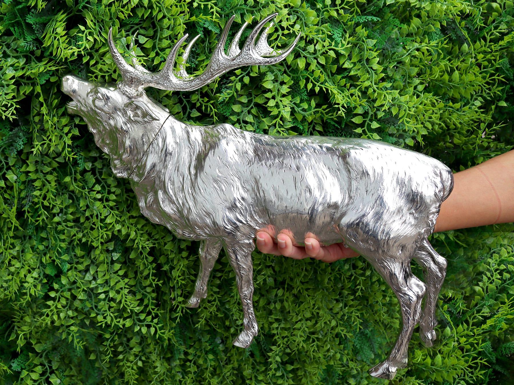A magnificent, fine and impressive, large and rare antique cast sterling silver stag sugar box/ table ornament; part of our continental ornamental silverware collection.

This magnificent, fine and impressive antique Edwardian cast sterling silver