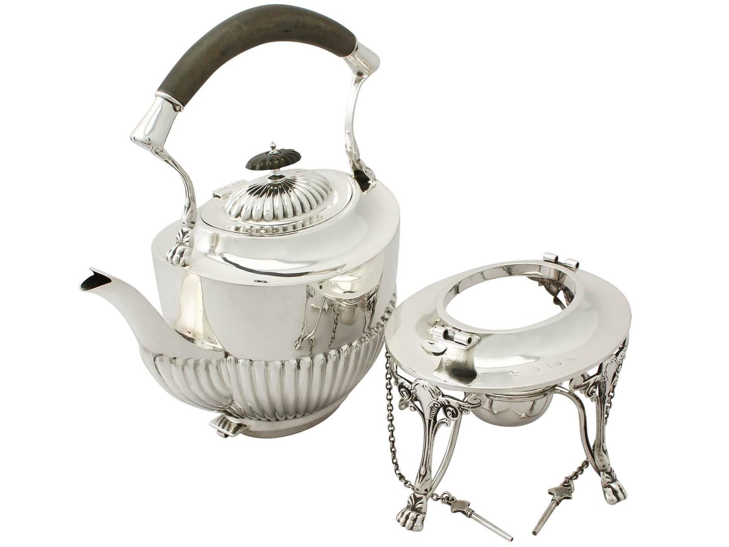Sterling Silver Spirit Tea Kettle in Queen Anne Style, Antique