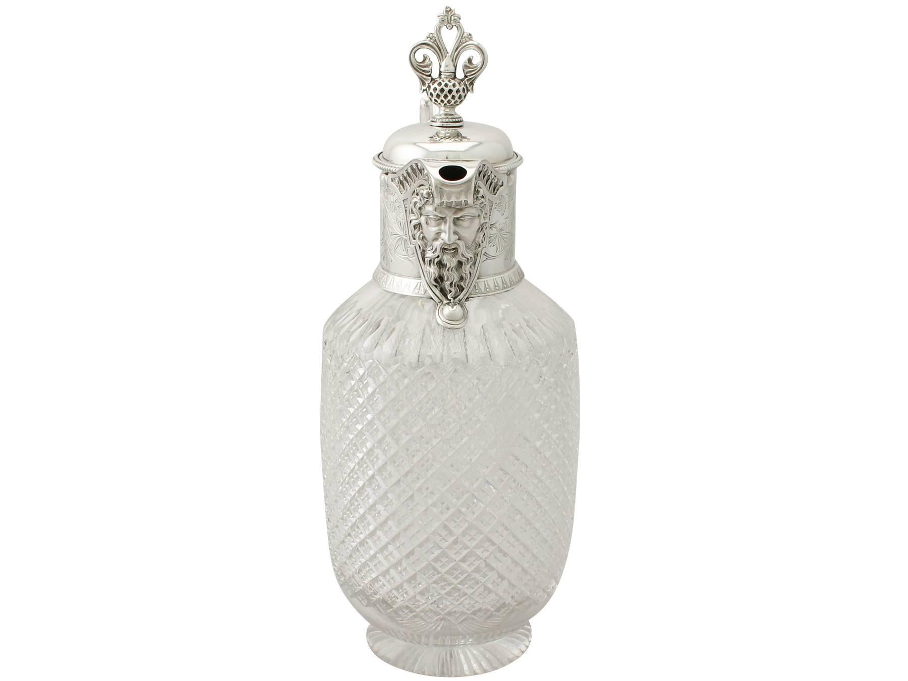An exceptional, fine and impressive antique Victorian cut-glass and English sterling silver-mounted claret jug; an addition to our wine and drink related silverware collection.

This exceptional antique Victorian English sterling silver and