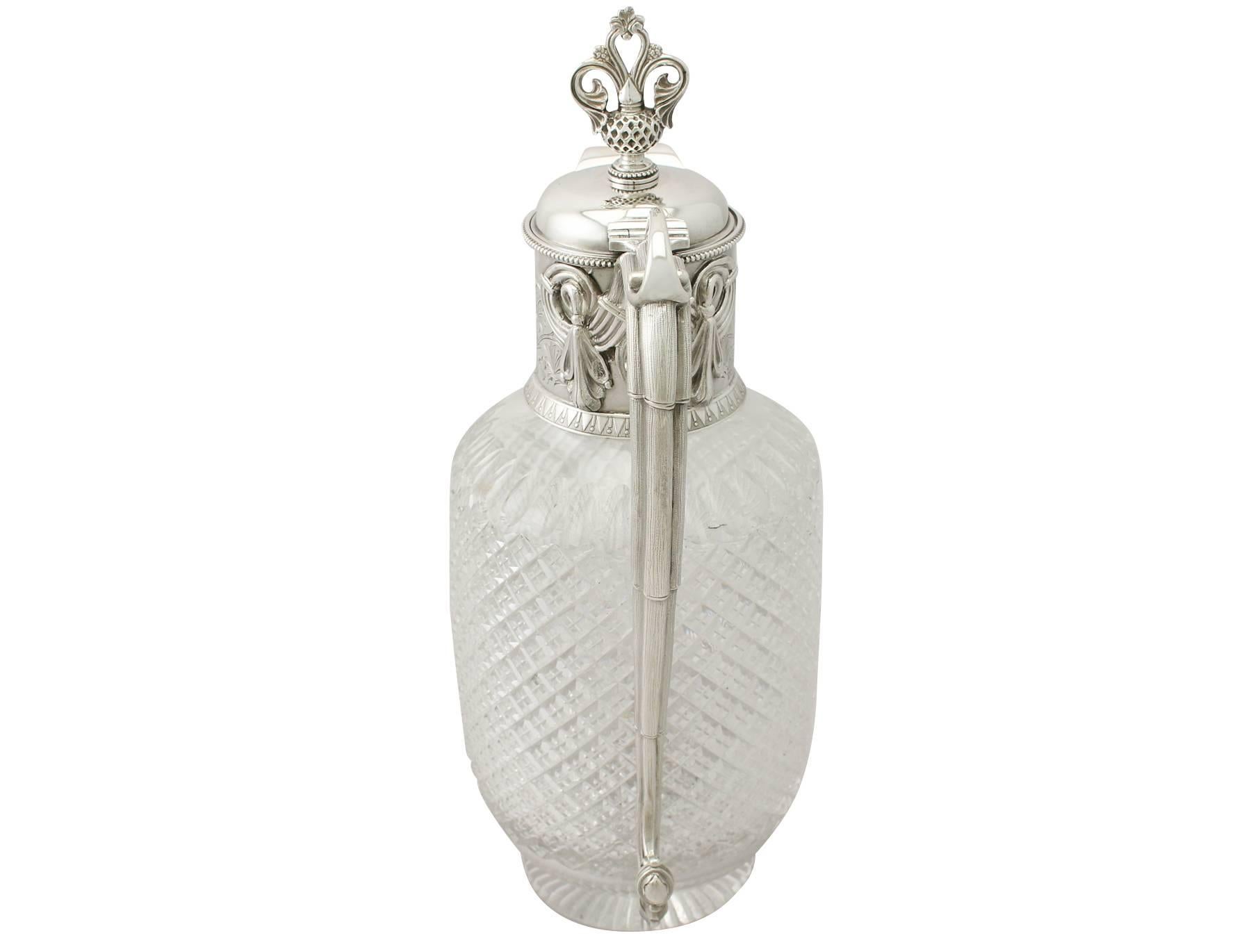 English Cut-Glass and Sterling Silver-Mounted Claret Jug, Antique Victorian