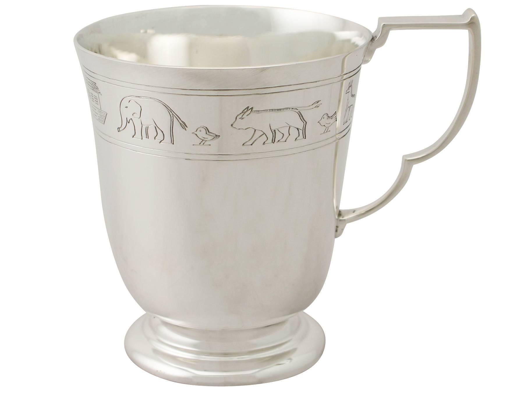 English Sterling Silver 'Noah's Ark' Christening Mug, Art Deco Style, Antique George V
