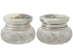Pair of Sterling Silver, Cut Glass and Enamel Dressing Table Jars, Antique