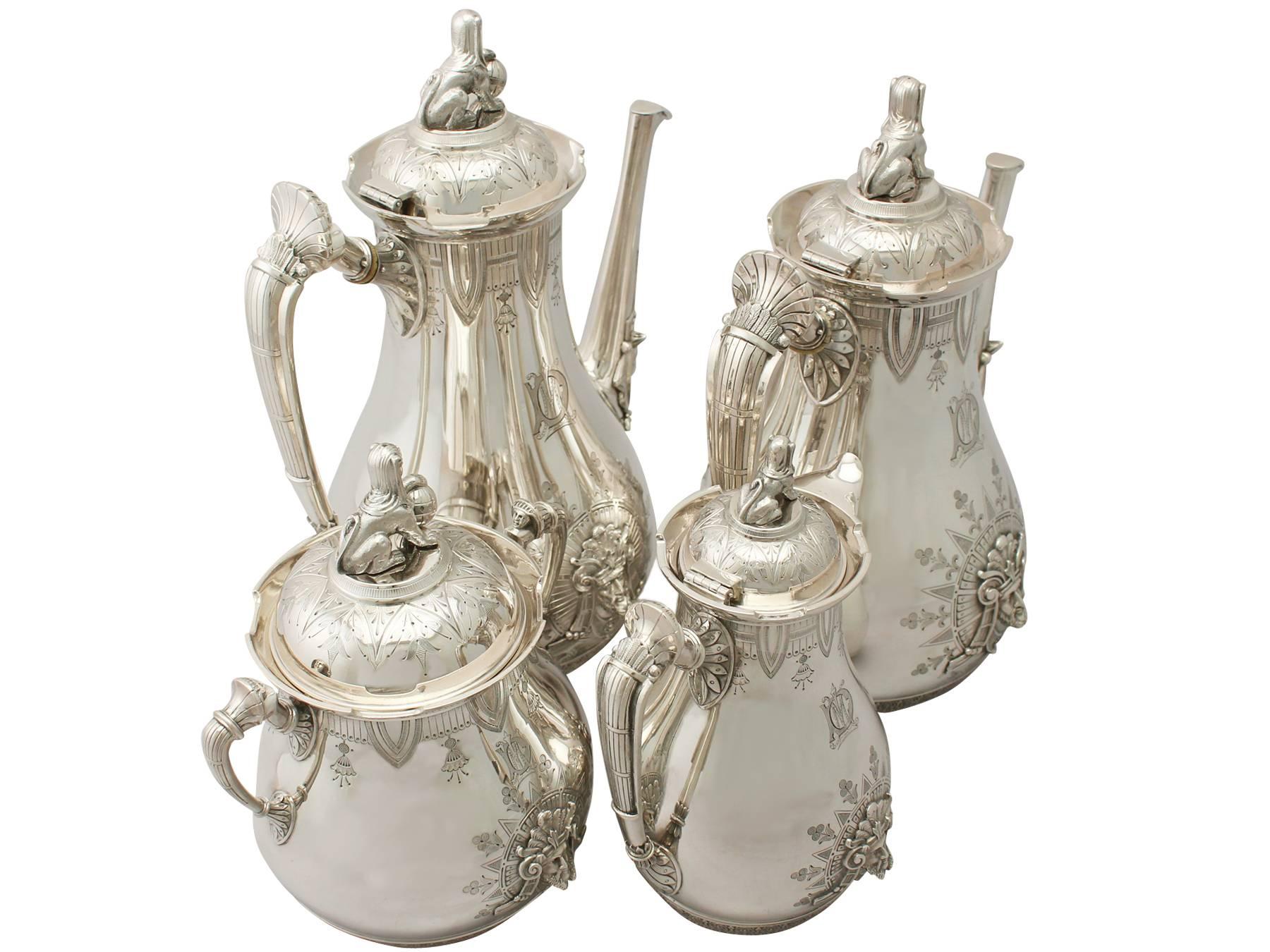 A magnificent, fine and impressive, rare and unusual antique American sterling silver four piece coffee service in the Empire style; an addition to our range of diverse and collectable silverware.

This magnificent antique American sterling silver