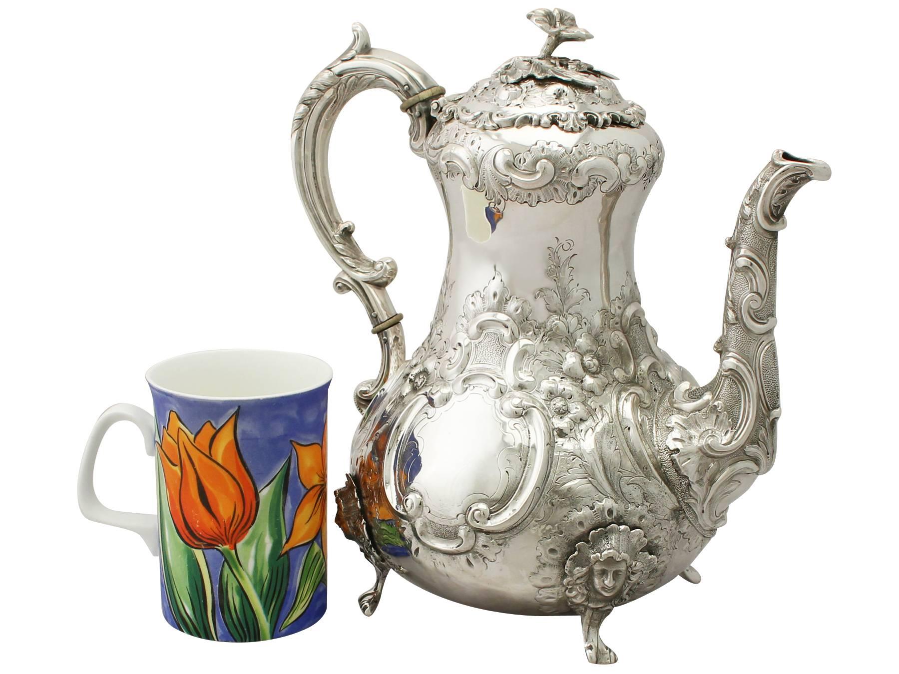 An exceptional, fine and impressive antique Victorian Irish sterling silver coffee pot; an addition to our silver teaware collection.

This exceptional antique Victorian Irish sterling silver coffee pot has a baluster shaped form onto four bracket