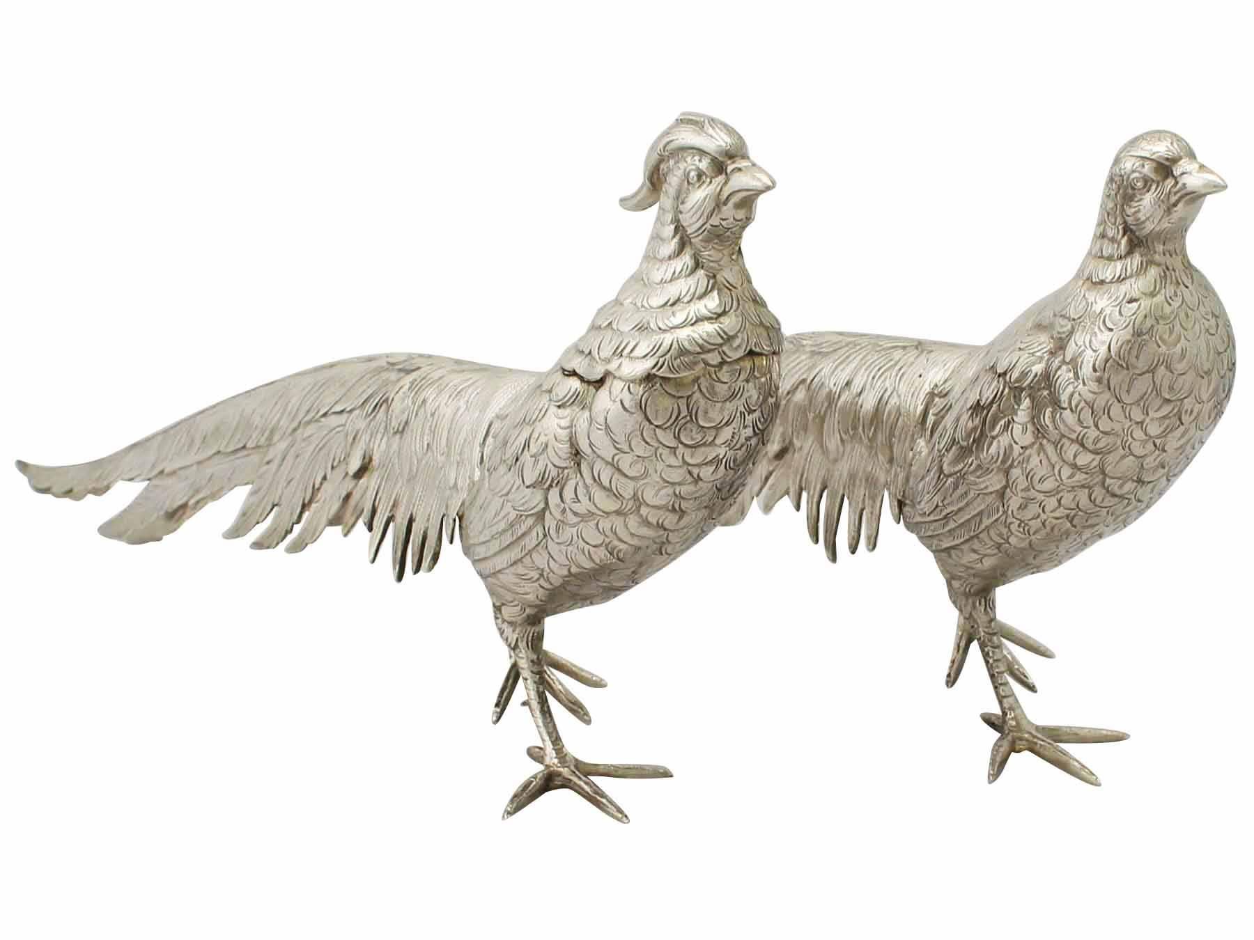 1960s Pair of German Sterling Silver Table Pheasants In Excellent Condition In Jesmond, Newcastle Upon Tyne