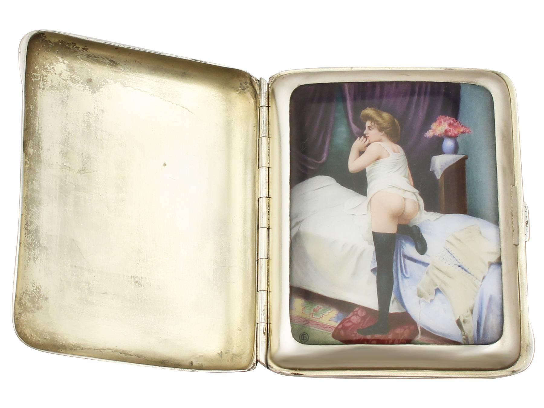 An exceptional, fine and impressive antique Austrian sterling silver and erotica enamel cigarette case; an addition to our diverse range of continental silverware.

This exceptional antique Austrian sterling silver erotic cigarette case has a