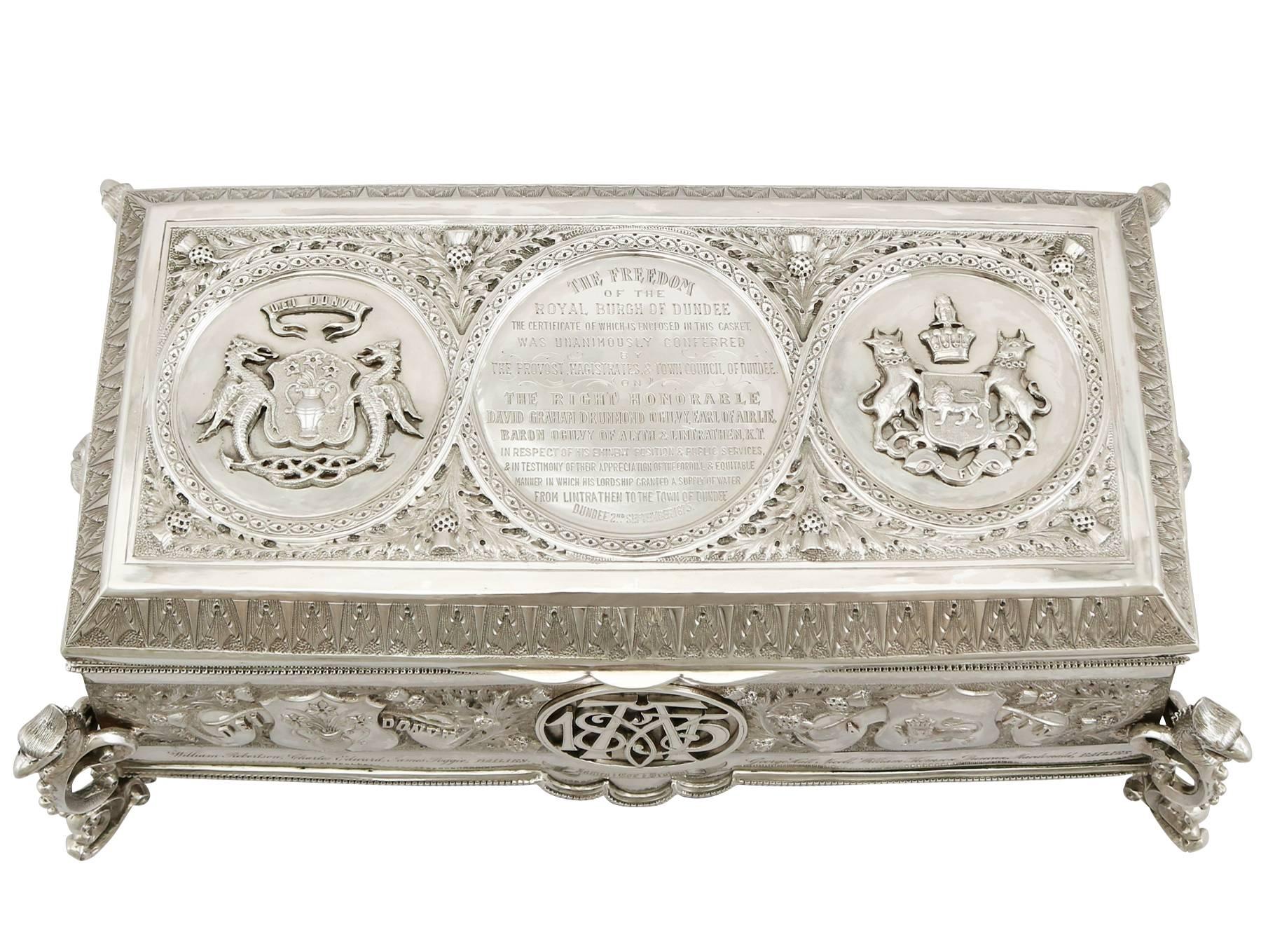 A magnificent, fine and impressive antique Victorian Scottish sterling silver freedom casket; an addition to our ornamental silver collection.

This magnificent antique Victorian Scottish sterling silver freedom casket has a rectangular