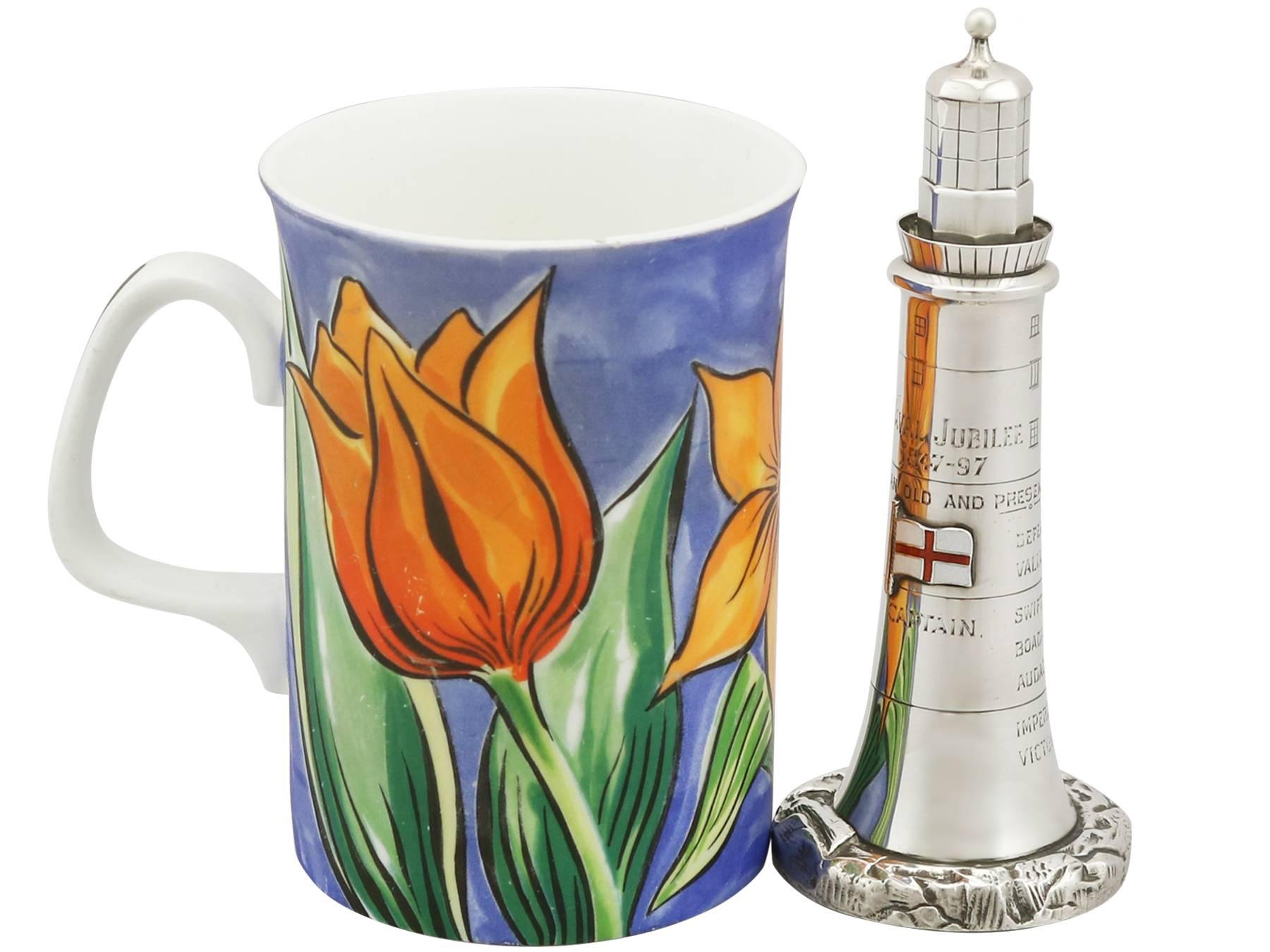Great Britain (UK) 1880s Antique Victorian Sterling Silver and Enamel Lighthouse Table Lighter