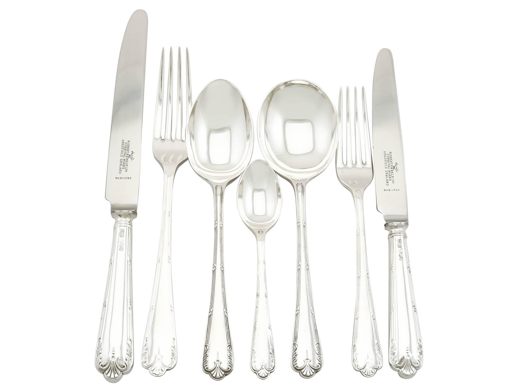 An exceptional, fine and impressive vintage Elizabeth II, English sterling silver straight Louis Seize pattern canteen of cutlery for twelve persons; an addition to our antique flatware sets.

The pieces of this exceptional vintage straight