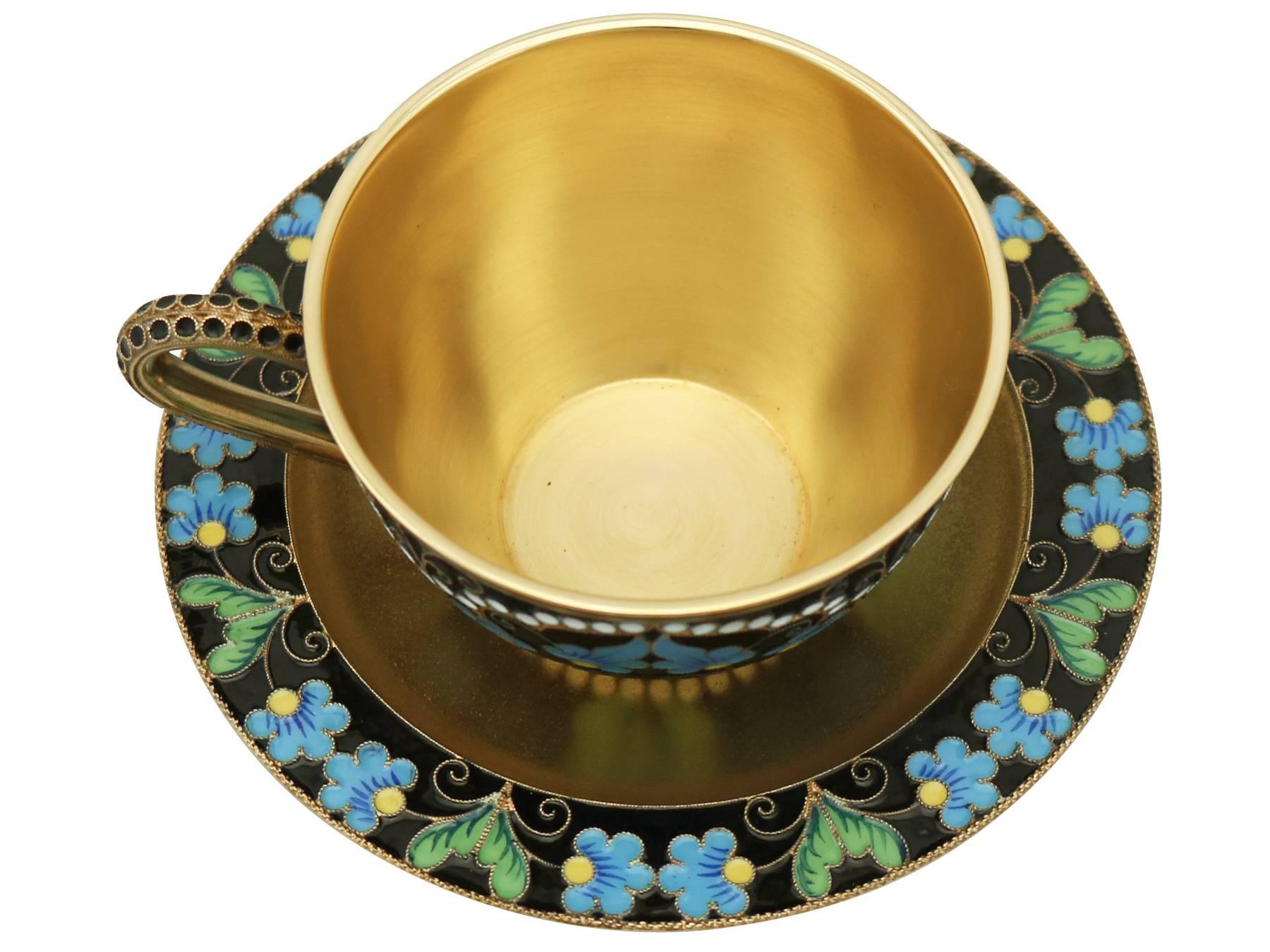 Late 20th Century 1970s Russian Silver Gilt and Polychrome Cloisonné Enamel Cups and Saucers Set