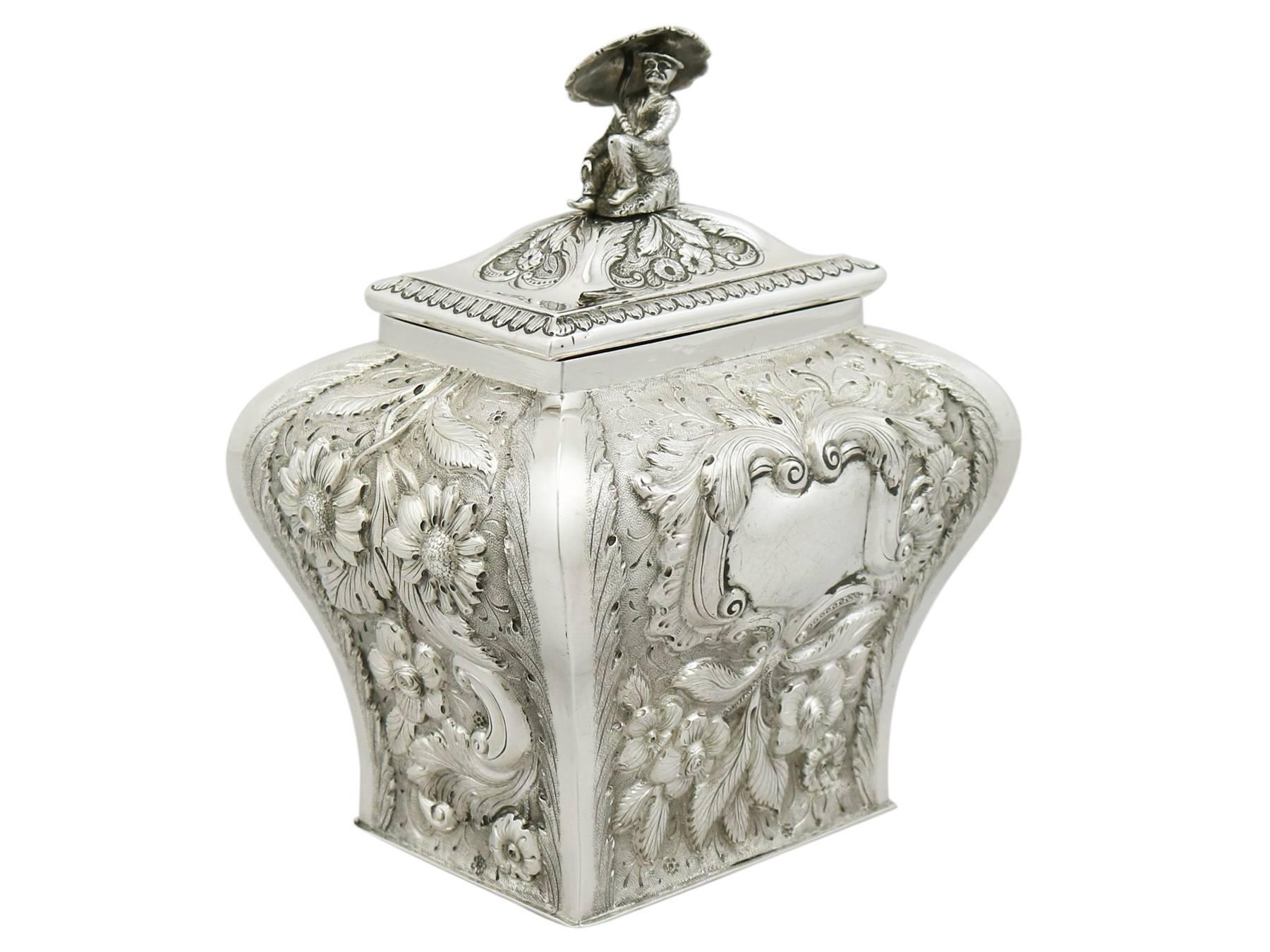A magnificent, fine and impressive antique George IV Irish sterling silver tea caddy; an addition to AC Silver's silver teaware collection.

This magnificent antique George IV Irish silver tea caddy, in sterling standard, has an oblong bomb shaped