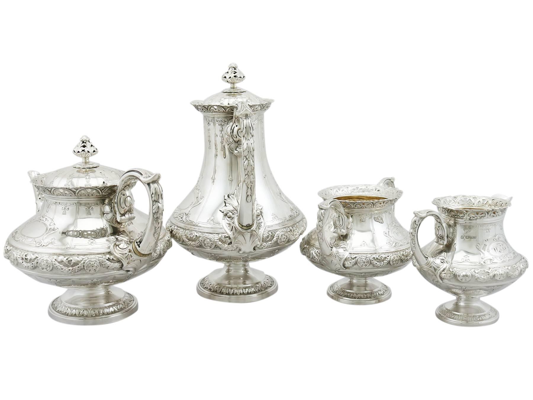 An exceptional, fine and impressive, composite antique Victorian English sterling silver four-piece tea and coffee service/set; part of our silver tea ware collection.

This exceptional antique Victorian sterling silver four-piece tea set consists