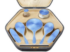 1925 Sterling Silver Cut Glass and Guilloche Enamel Dressing Table Set