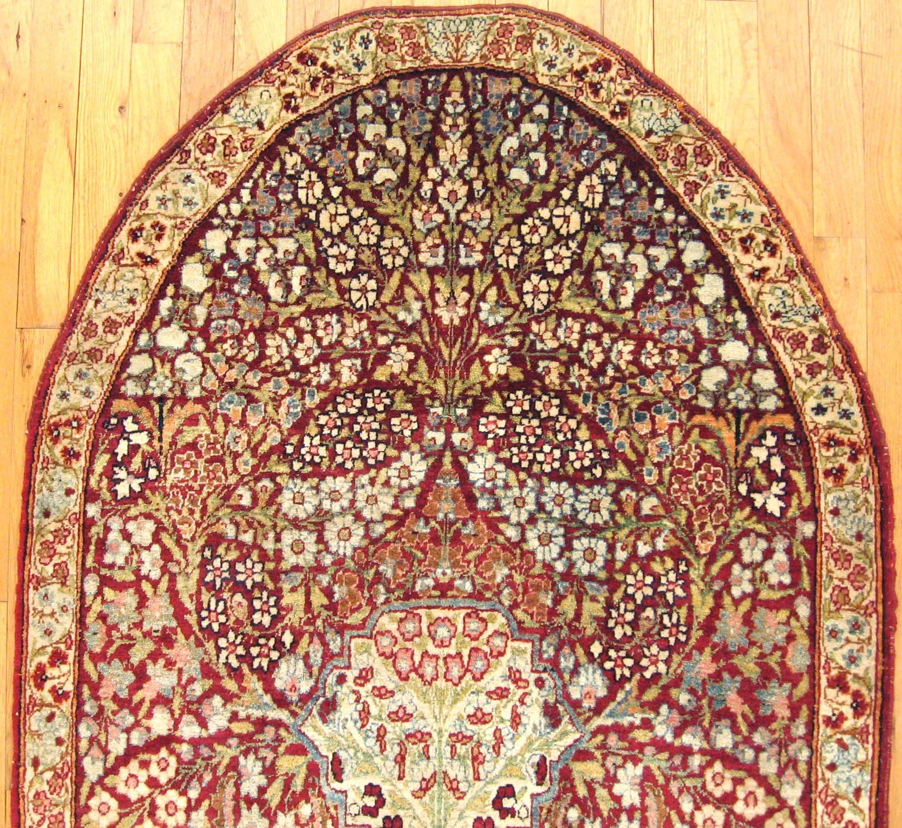 Hand-Knotted Antique Persian Kerman Oriental Rug, Small Size, w/ One End Rounded, Wool & Silk