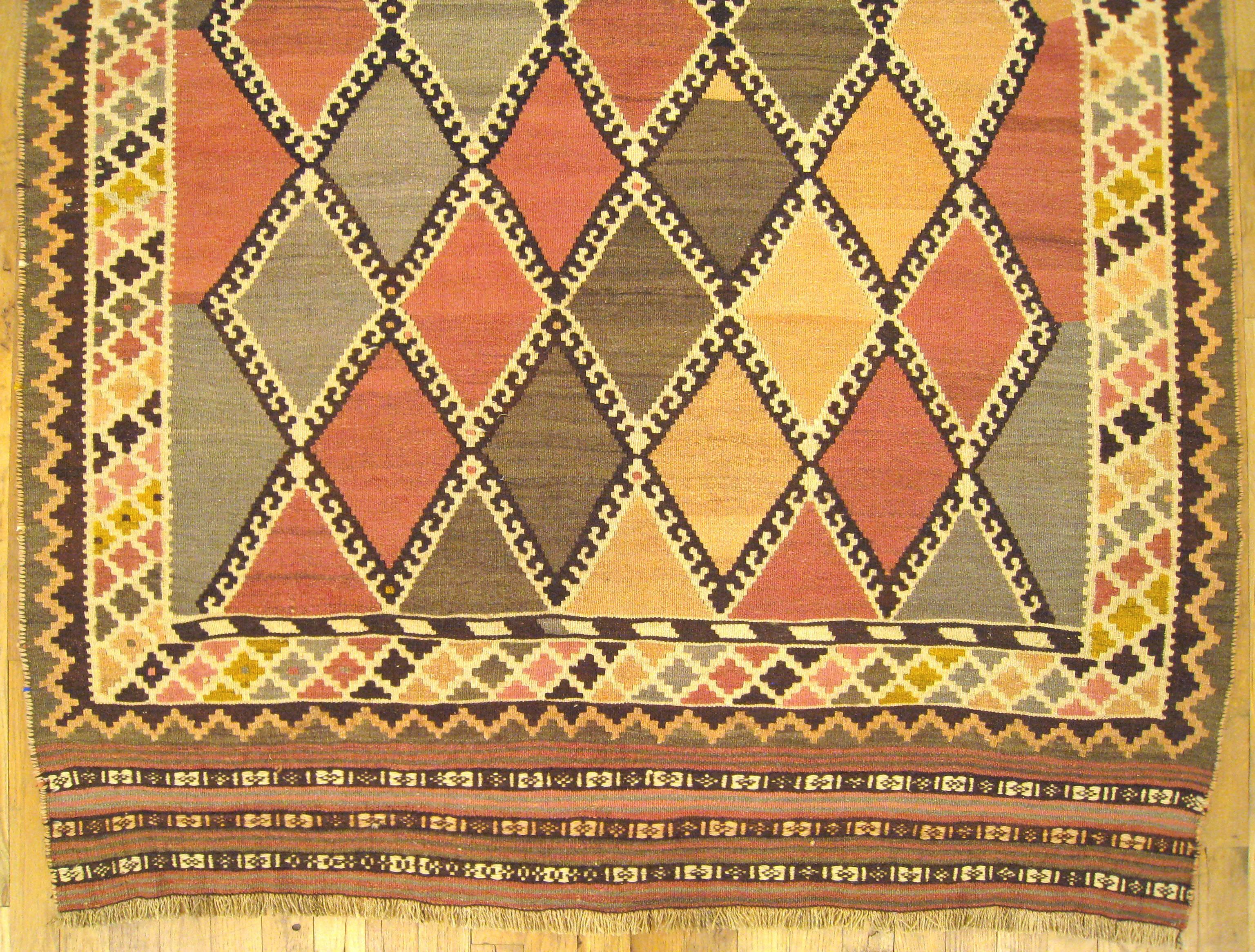 Hand-Woven Antique Persian Kilim Flat-Woven Oriental Rug, w/ Ghashgai Diamond Design, Small For Sale