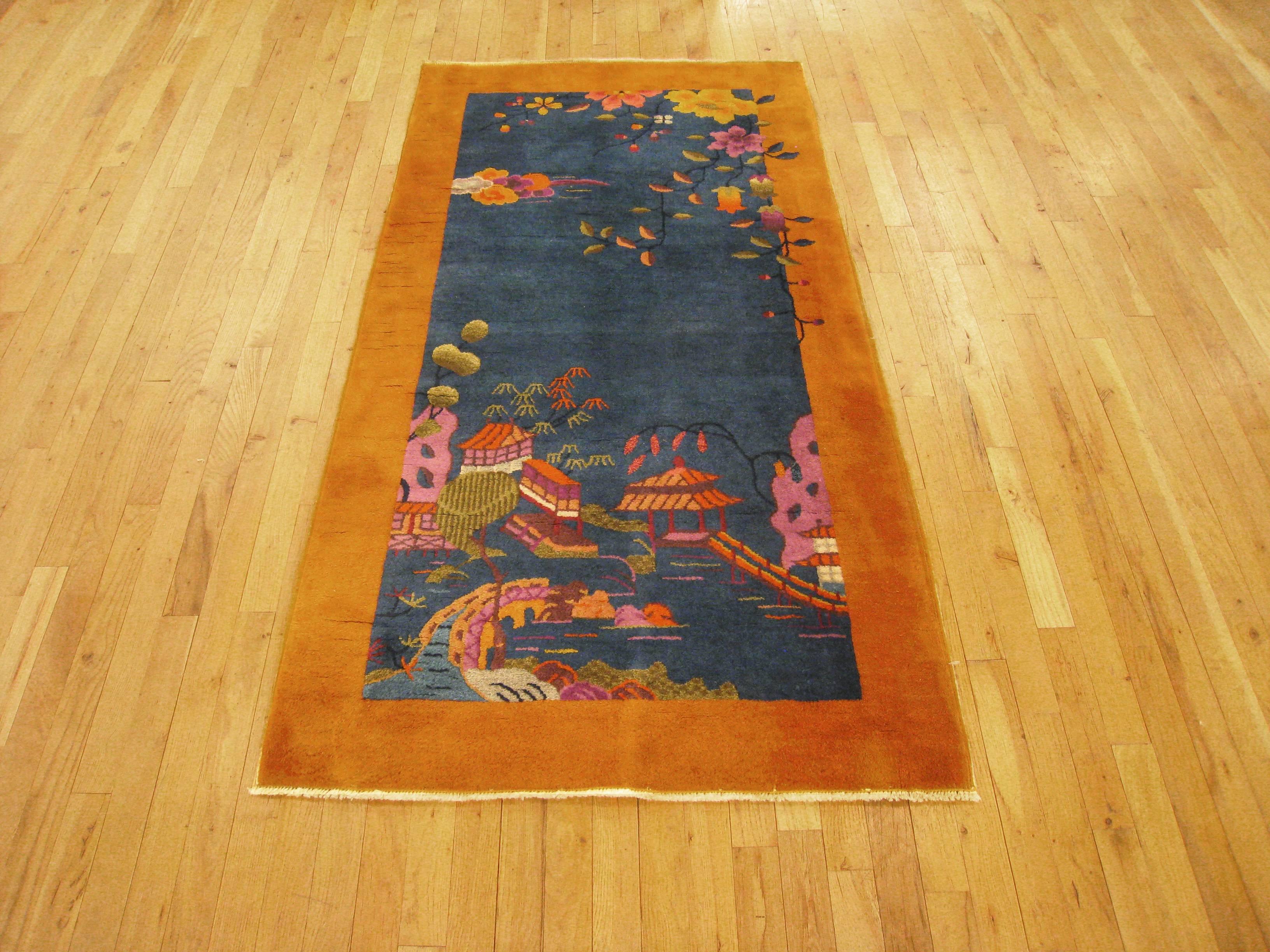 Early 20th Century Antique Chinese Art Deco Oriental Rug, in Small Size w/ Blue Field & Gold Border For Sale