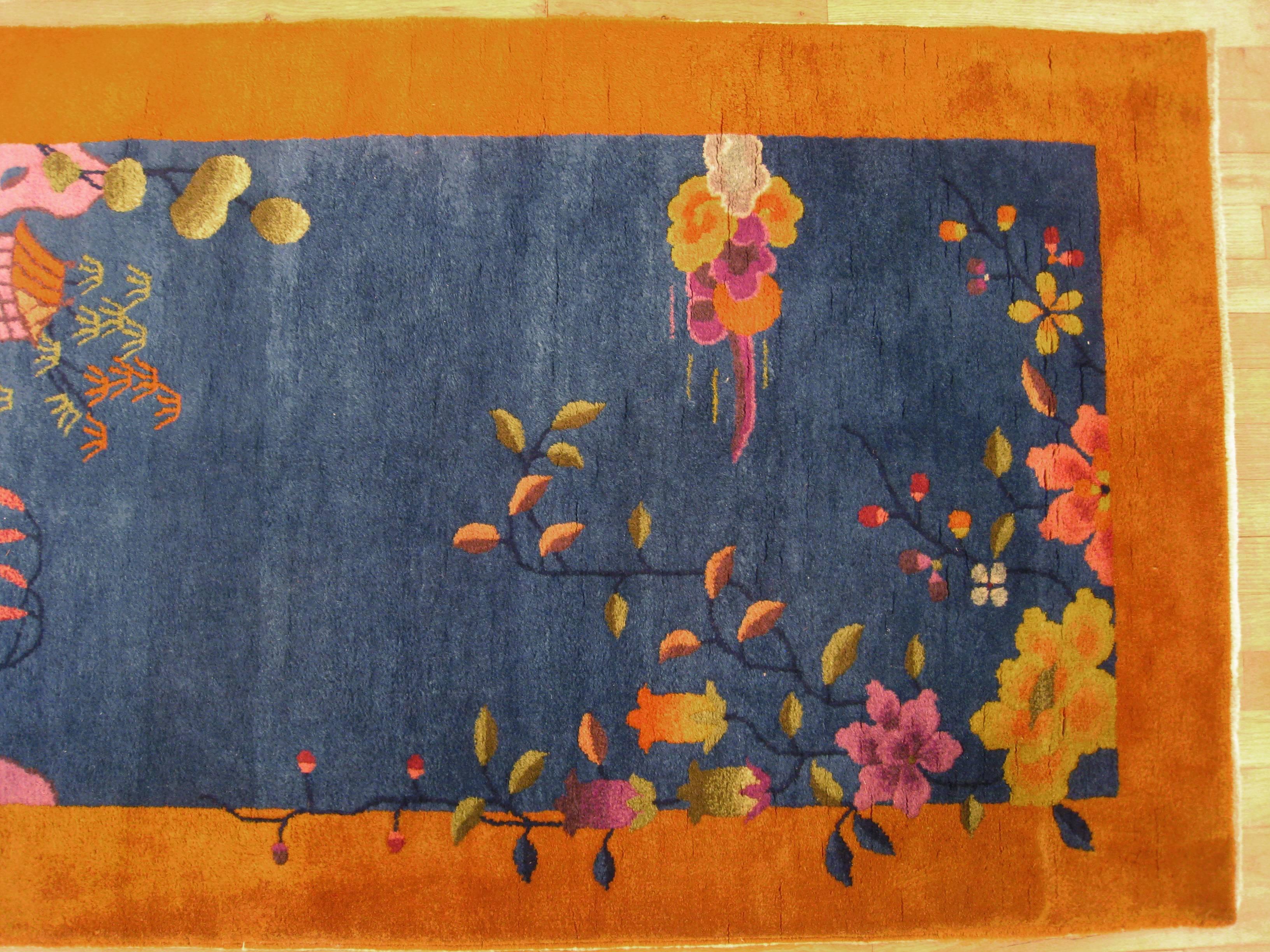 Hand-Knotted Antique Chinese Art Deco Oriental Rug, in Small Size w/ Blue Field & Gold Border For Sale