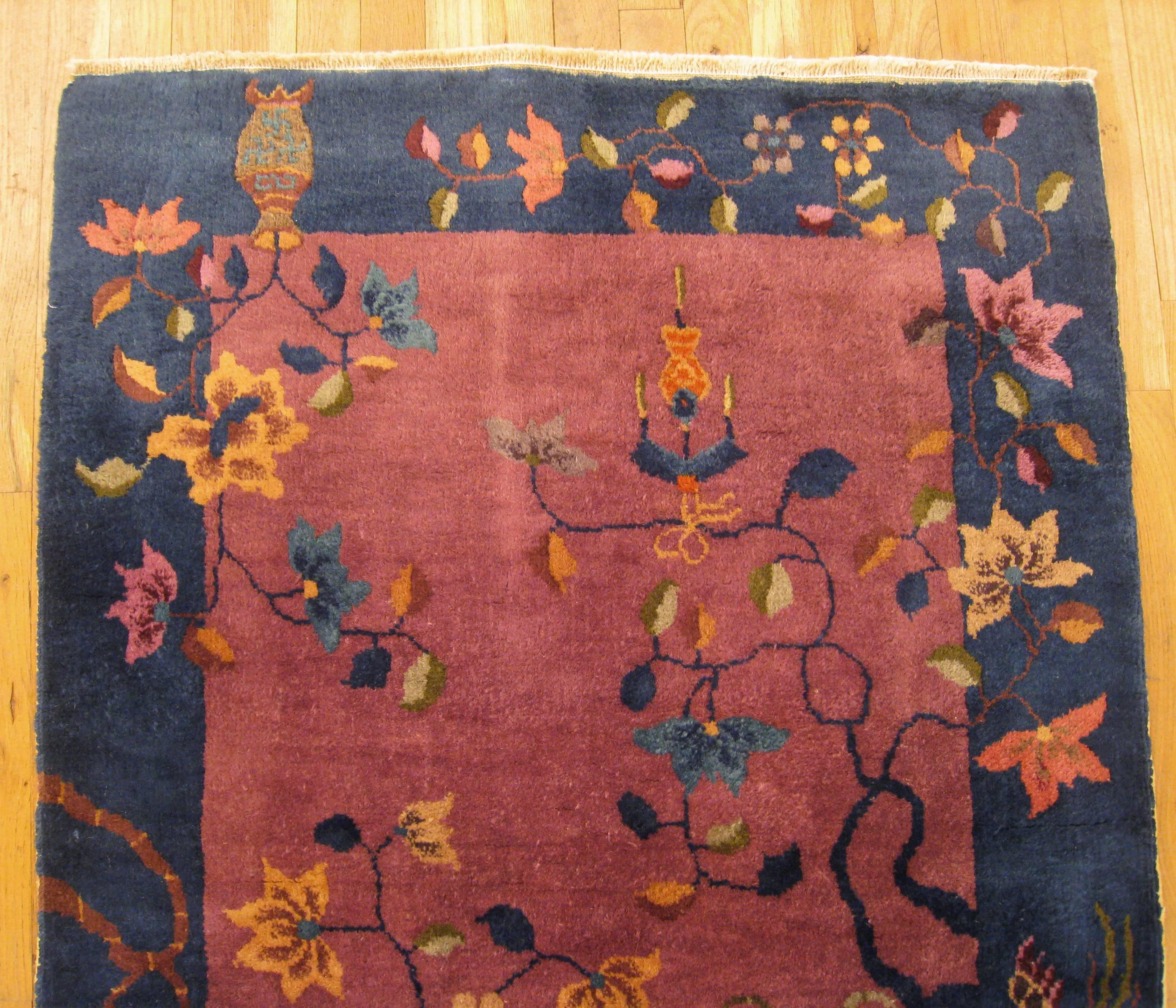Hand-Knotted Antique Chinese Art Deco Oriental Rug, in Small Size with Various Chinese Motifs