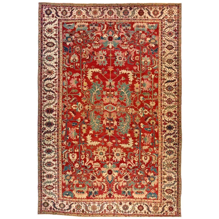 Antique Persian Serapi Carpet, in Large Size, with Allover Design & Ivory Border For Sale