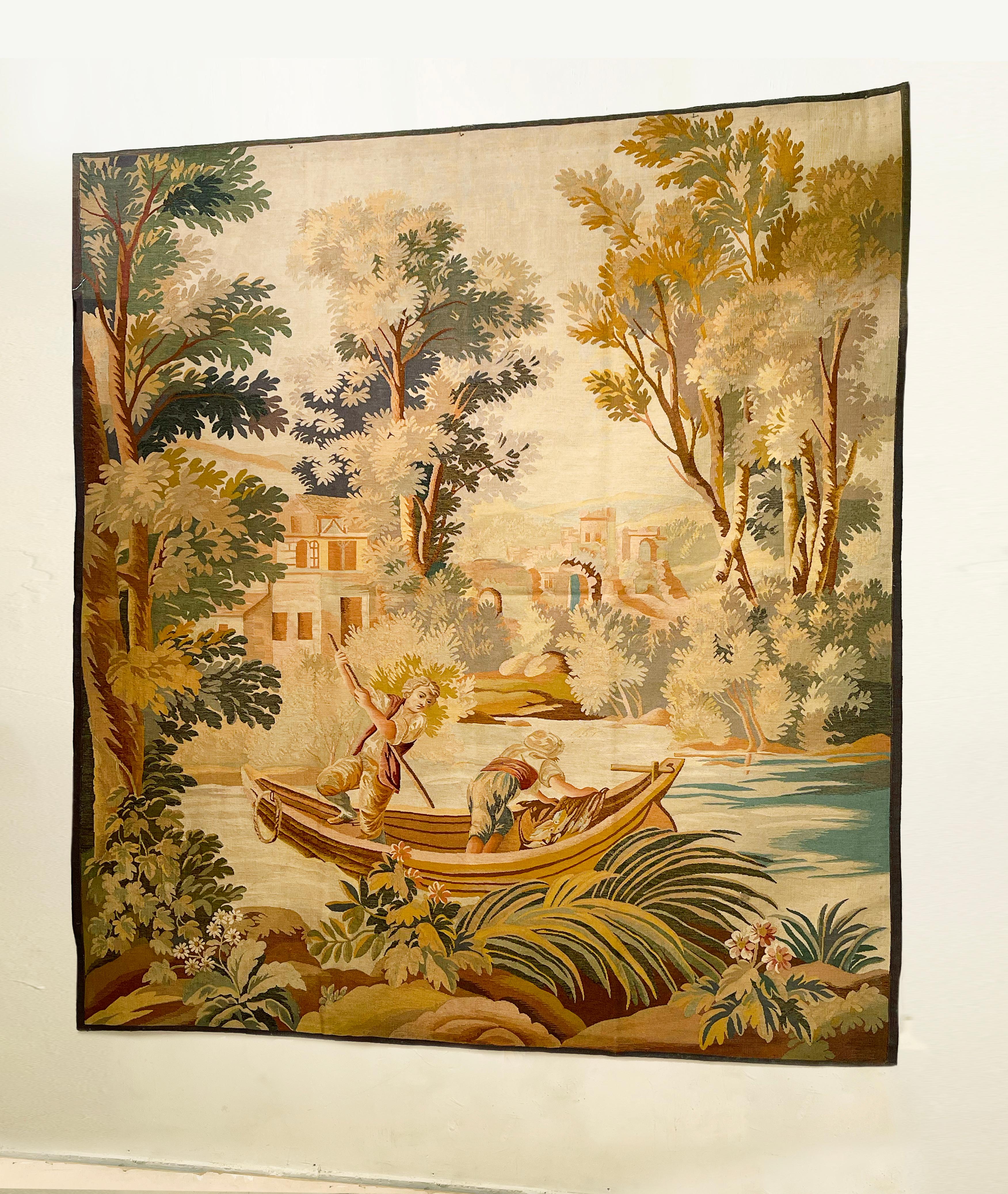 Wool Late 19th Century French Aubusson Rustic Tapestry, with Fishermen at Sea