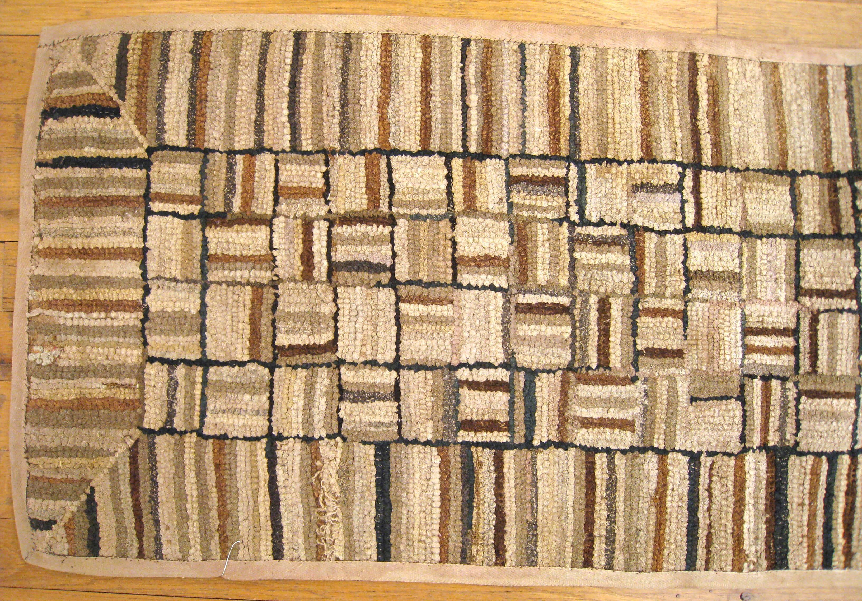 Hand-Knotted Vintage American Hooked Rug, in Small Size, with Mosaic Design on an Ivory Field